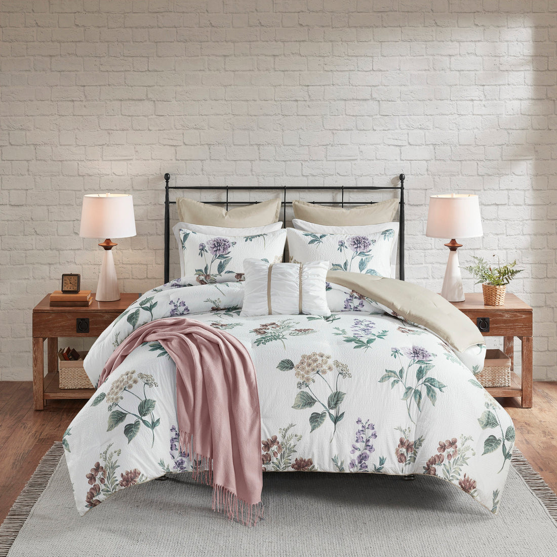 7 Piece Printed Seersucker Comforter Set With Throw Blanket Taupe Blush King Cal King Multicolor Polyester