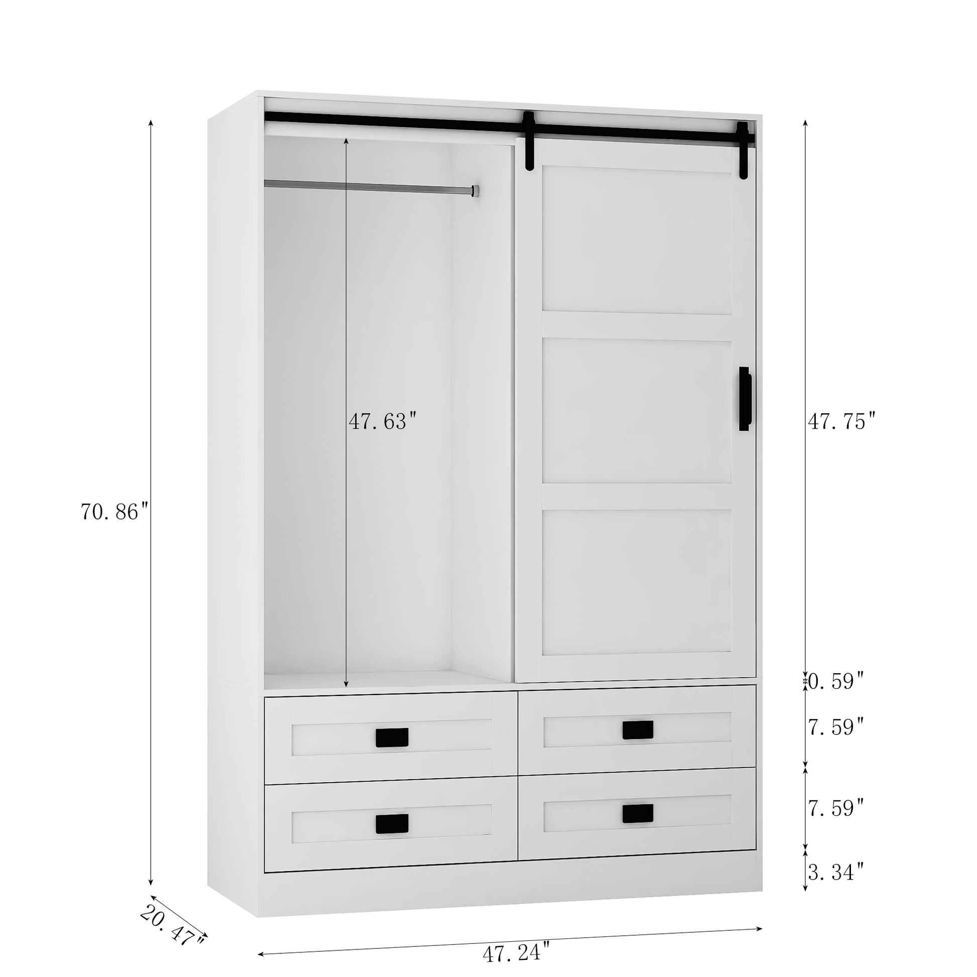 Tall Bedroom Armoire Wardrobe Closet Clothing Storage Cabinet With Hanging Rod Barn Door Drawers Open Shelves White Mdf