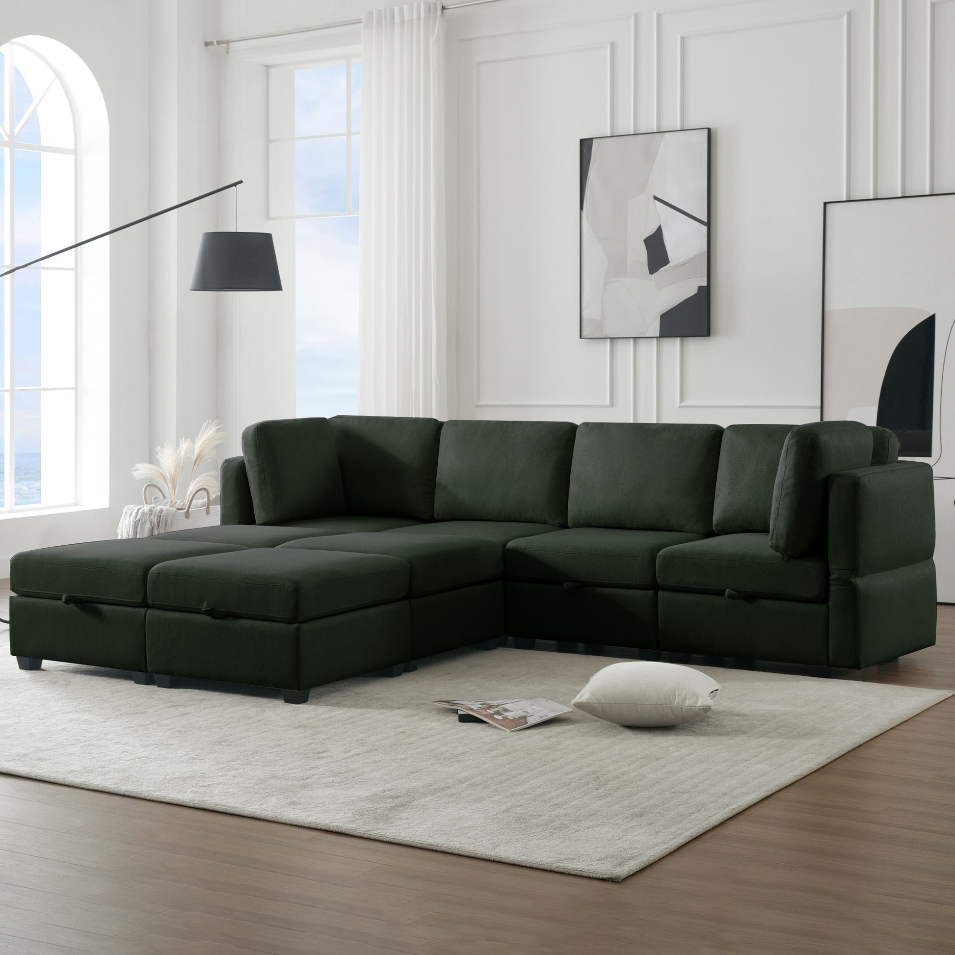 Modular Convertible U Shaped Sectional Sofa Couch With Storage Ottoman Corner Couch For Living Room, Adjustable Arms And Backs Green Green Polyester 4 Seat