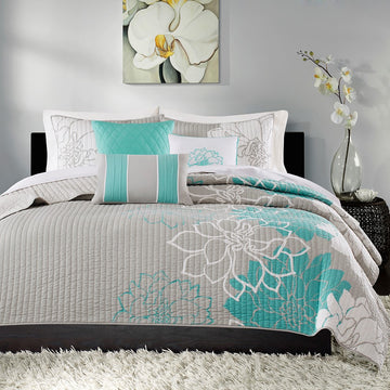 6 Piece Printed Cotton Quilt Set With Throw Pillows Aqua Full Queen Full Aqua Polyester
