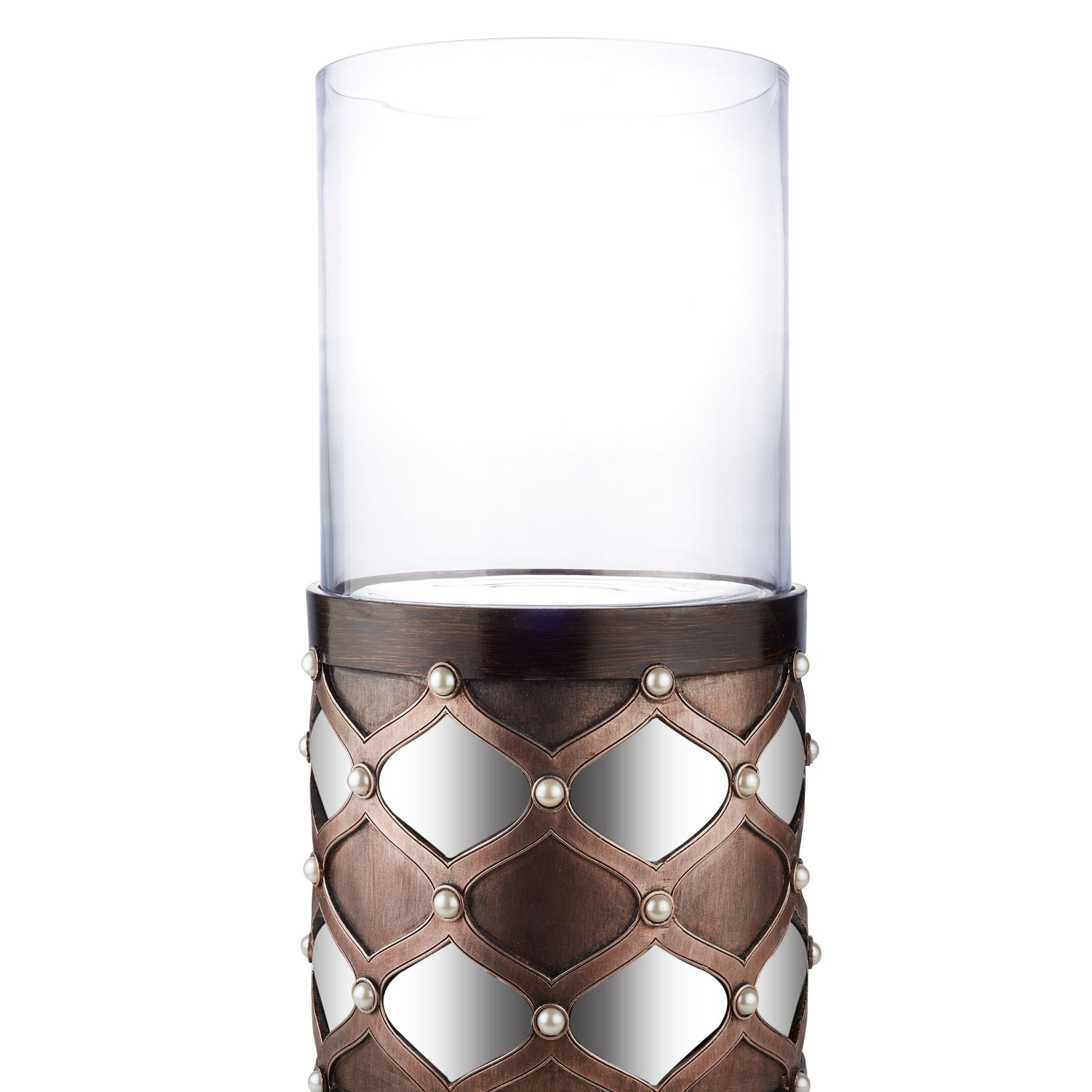 22" Tall Candleholder With Hurricane Glass, Arabesque Mirror Design Brown Polyresin