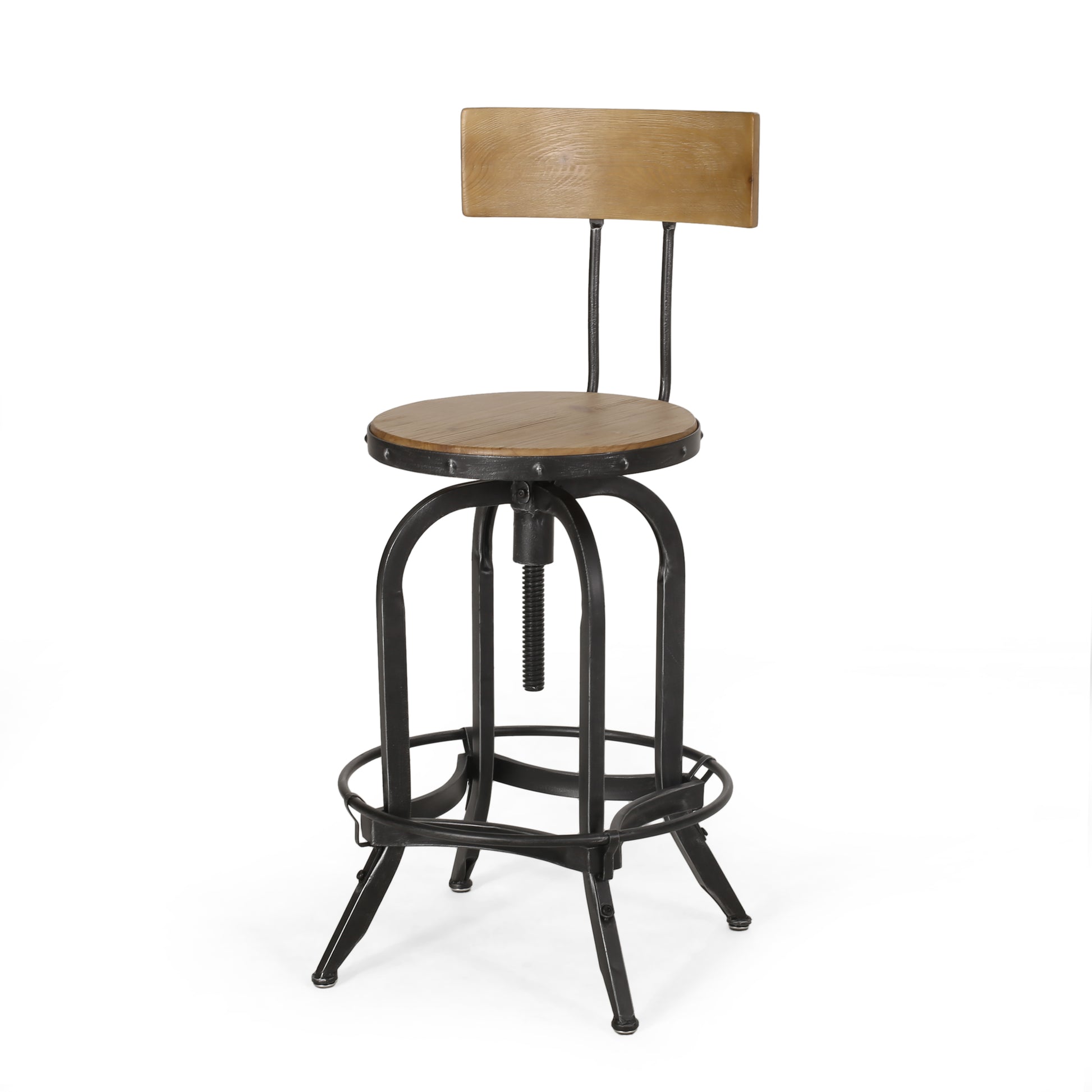 Adjustable Height Swivel Barstools With Fir Wood Set Of 2 Natural Metal & Wood