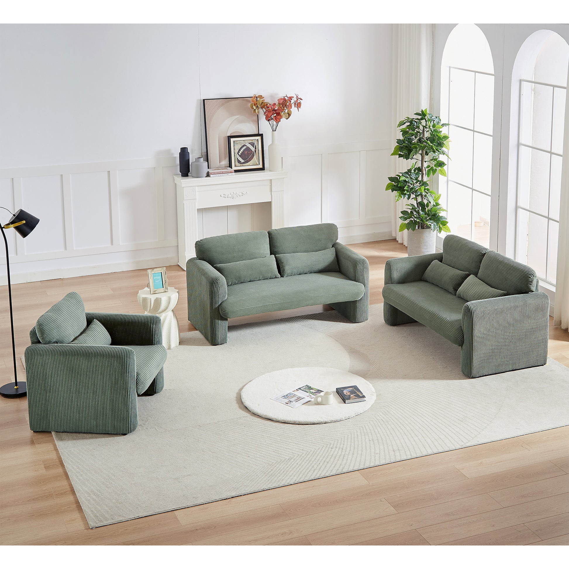 Two 60"Corduroy Fabric Sofa With 33" Single Sofa, Modern Sofa With Support Pillow, For Apartment, Office, Living Room & Bedroom Green Corduroy 5 Seat