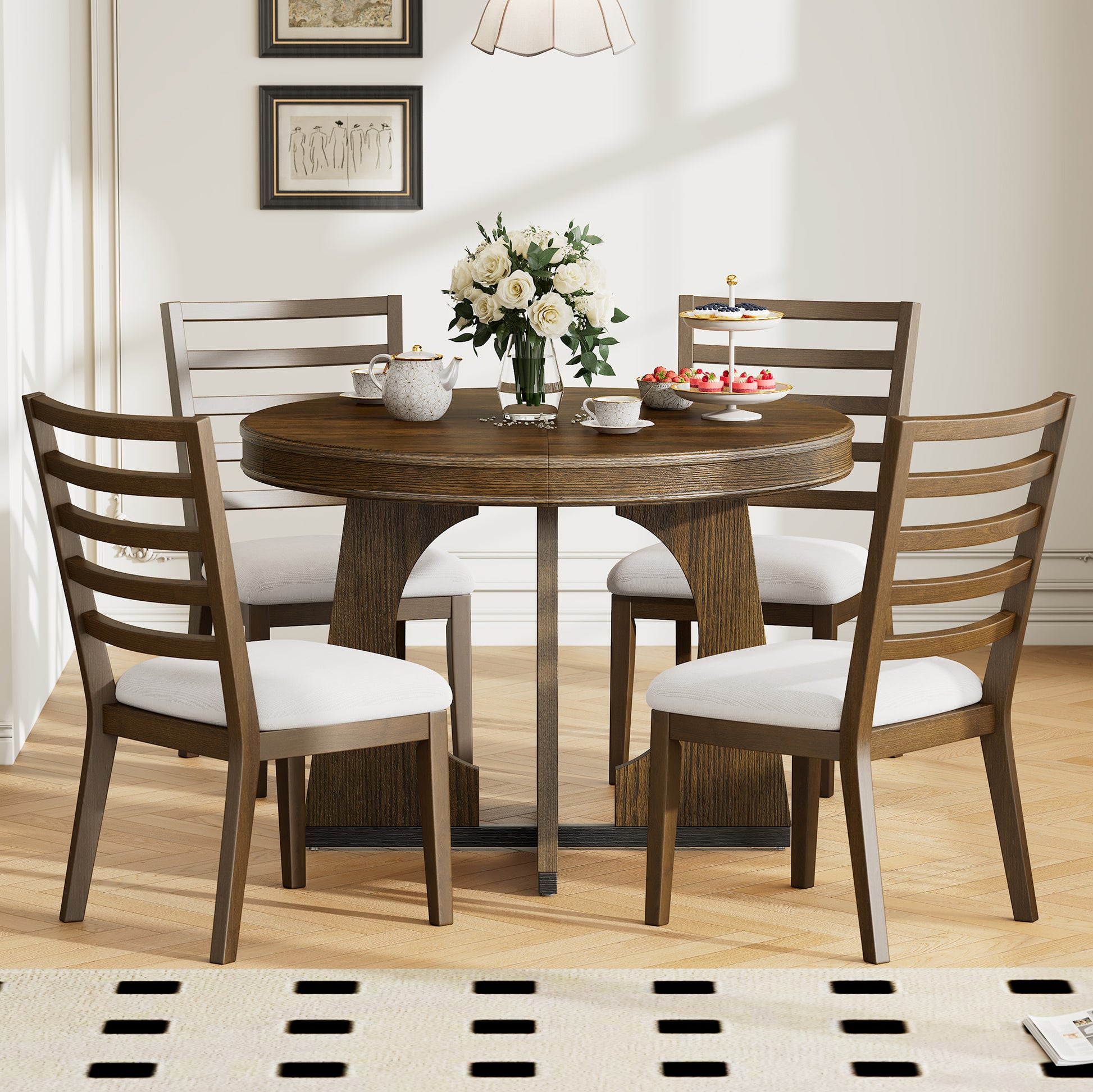 5 Piece Retro Rustic Functional Dining Set Unique Geometric Design, 1 Extendable Table With A 16 Inch Leaf And 4 Upholstered Chairs Ideal For Dining Room And Kitchen Walnut Walnut Solid Wood Mdf