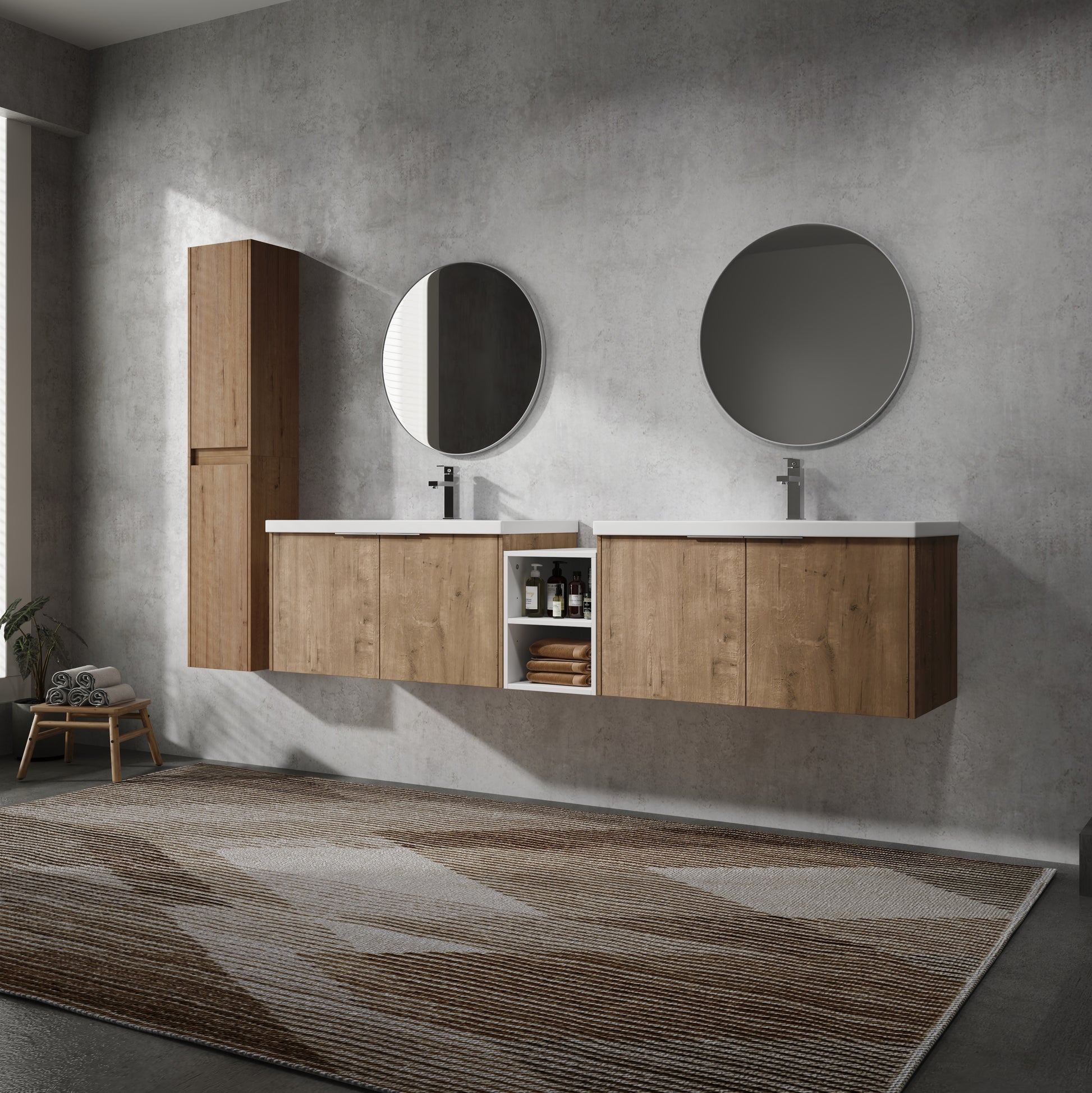 84" Wall Mounted Bathroom Vanity With Sink And Side Cabinet, Soft Close Doors,00112Imo 00636Imox2 0612Gwh Combination Cabinet Kd Packing Imitative Oak Bathroom Modern Plywood Plywood