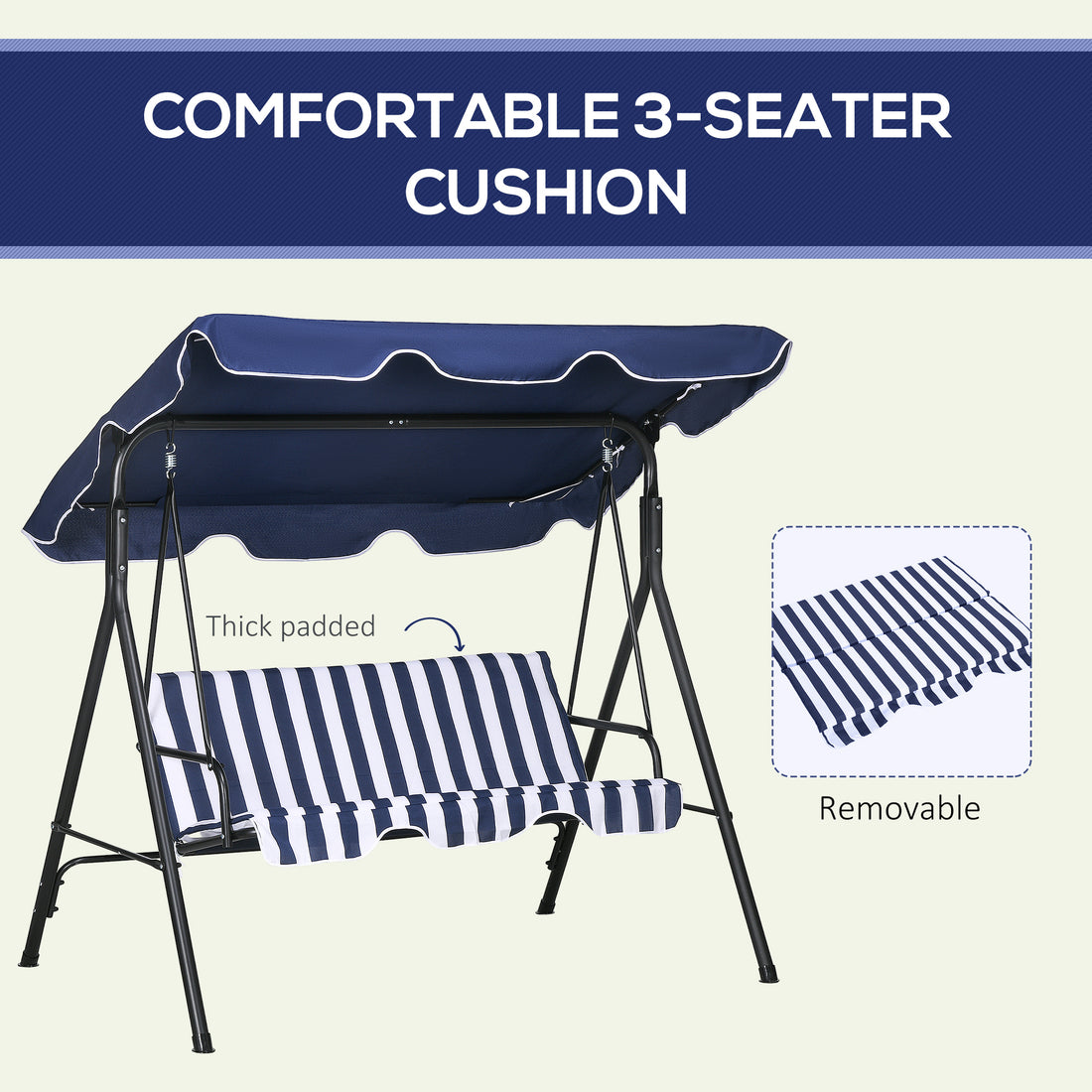 Outsunny 3 Seat Outdoor Patio Swing Chair With Removable Cushion, Steel Frame Stand And Adjustable Tilt Canopy For Patio, Garden, Poolside, Balcony, Backyard, Dark Blue Dark Blue Steel