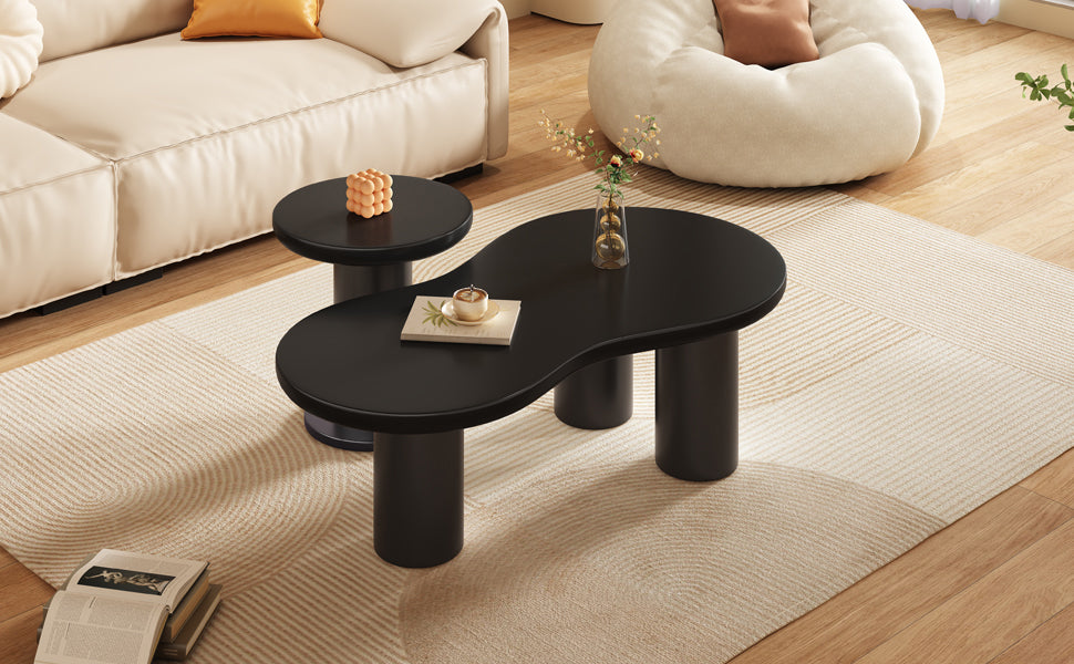 Easy Assembly Nesting Coffee Table Set Of 2, Cream Style Cloud Coffee Table With Round Small Side Table, Irregular Center Table With Thick Legs For Living Room, Black, 39.3''X 13.7'', 15.7'' Black