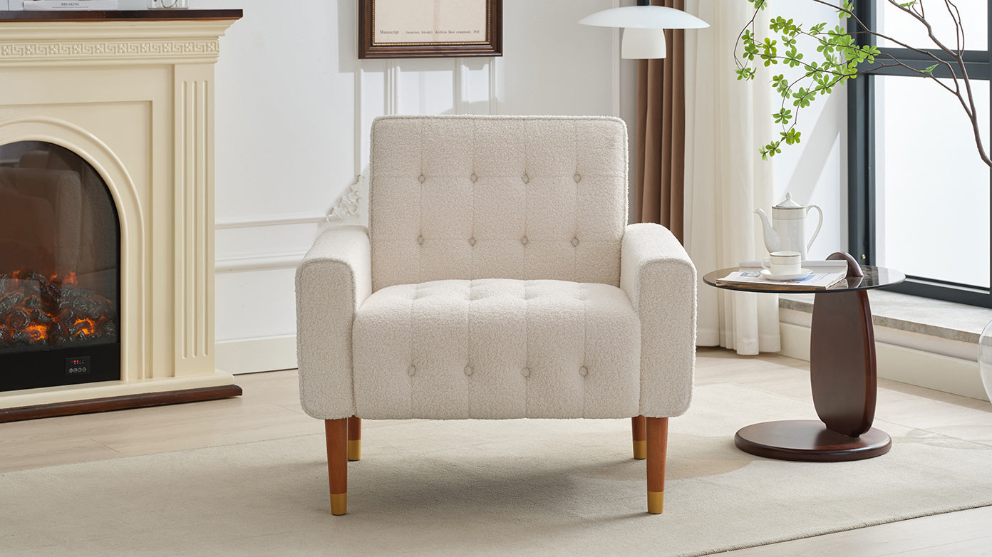 Mirod Classic Biscuit Style Accent Chair Comfortable Armrests, Soft Fabric, Elegant Solid Wood Legs With Gold Finish, Easy Assembly Beige Boucle