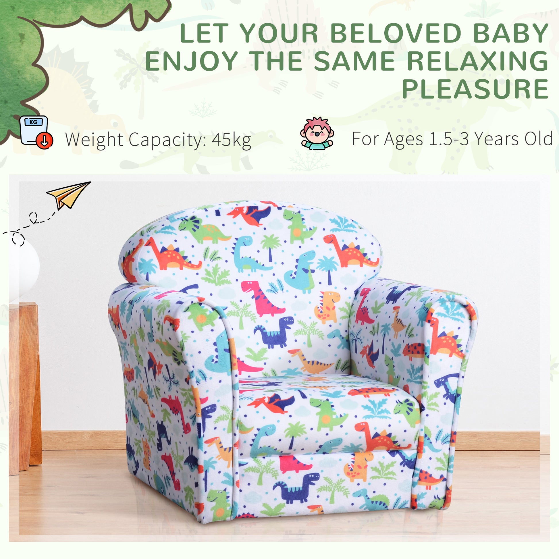 Qaba Kid'S Sofa Chair With Dinosaur Design And Thick Padding, Flannel Covered Toddler Armchair For Bedroom, Playroom Multicolor Wood