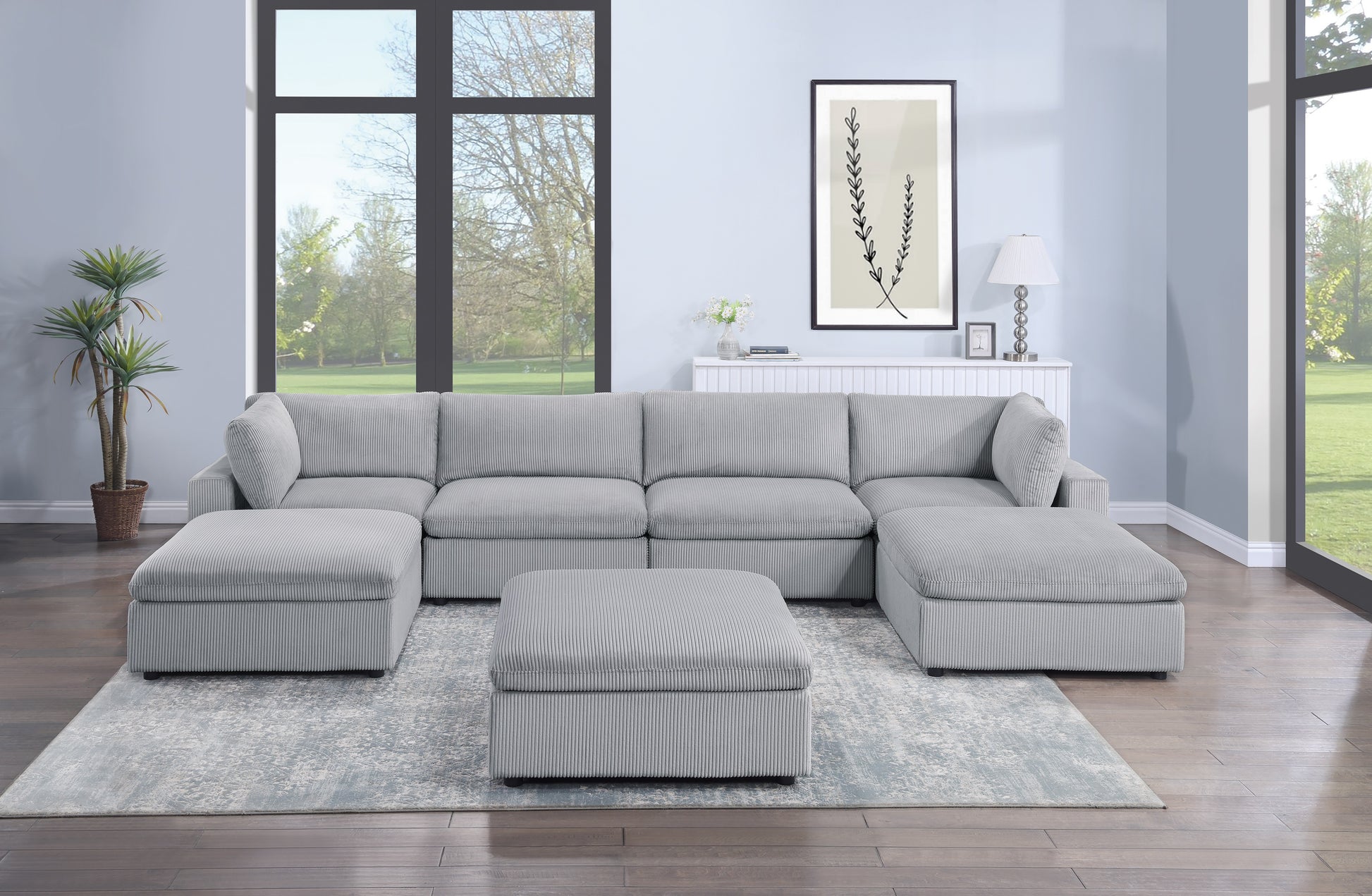 Dark Gray Color 7Pc Modular Sectional Set Corduroy Upholstery Couch 2X Corner Wedge 2X Armless Chairs 3X Ottomans Living Room Furniture Dark Gray Primary Living Space Cushion Back