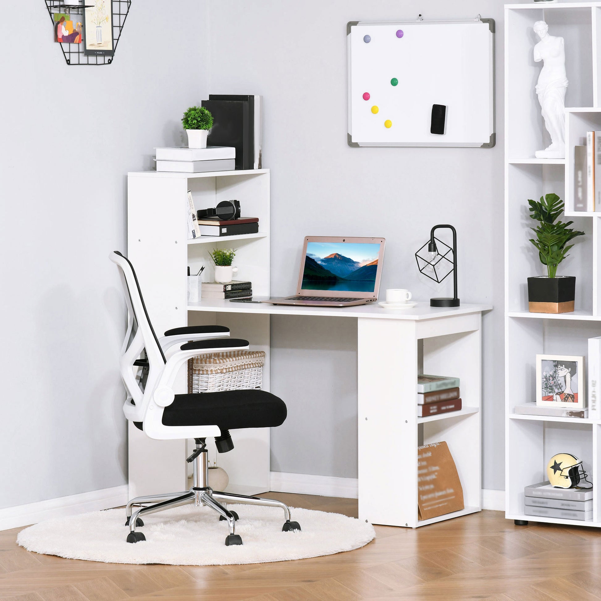 Homcom Modern Home Office Desk With 6 Tier Storage Shelves, 47" Writing Table With Bookshelf, White White Engineered Wood