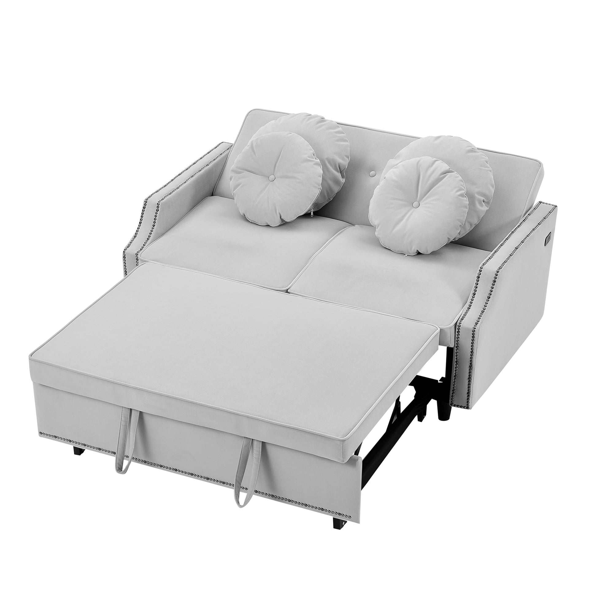 54.7" Multiple Adjustable Positions Sofa Bed Stylish Sofa Bed With A Button Tufted Backrest, Two Usb Ports And Four Floral Lumbar Pillows For Living Room, Bedroom,Or Small Space, Light Grey Light Grey Foam Polyester 2 Seat