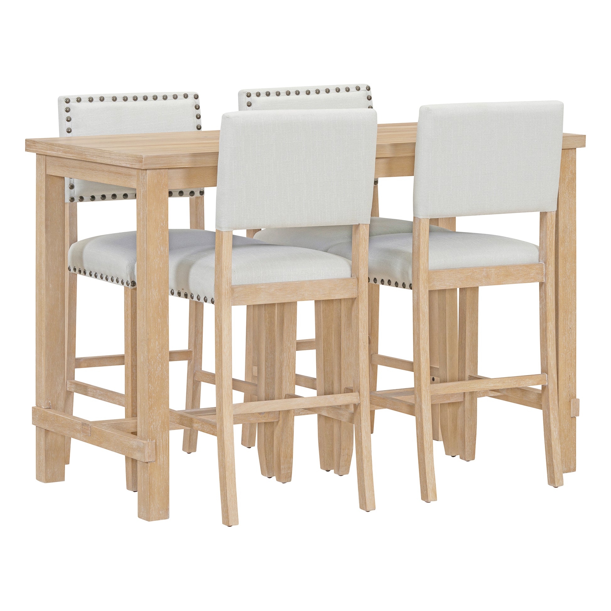 5 Piece Counter Height Dining Set, Classic Elegant Table And 4 Chairs In Natural Wood Wash Natural Wood Wash Solid Wood