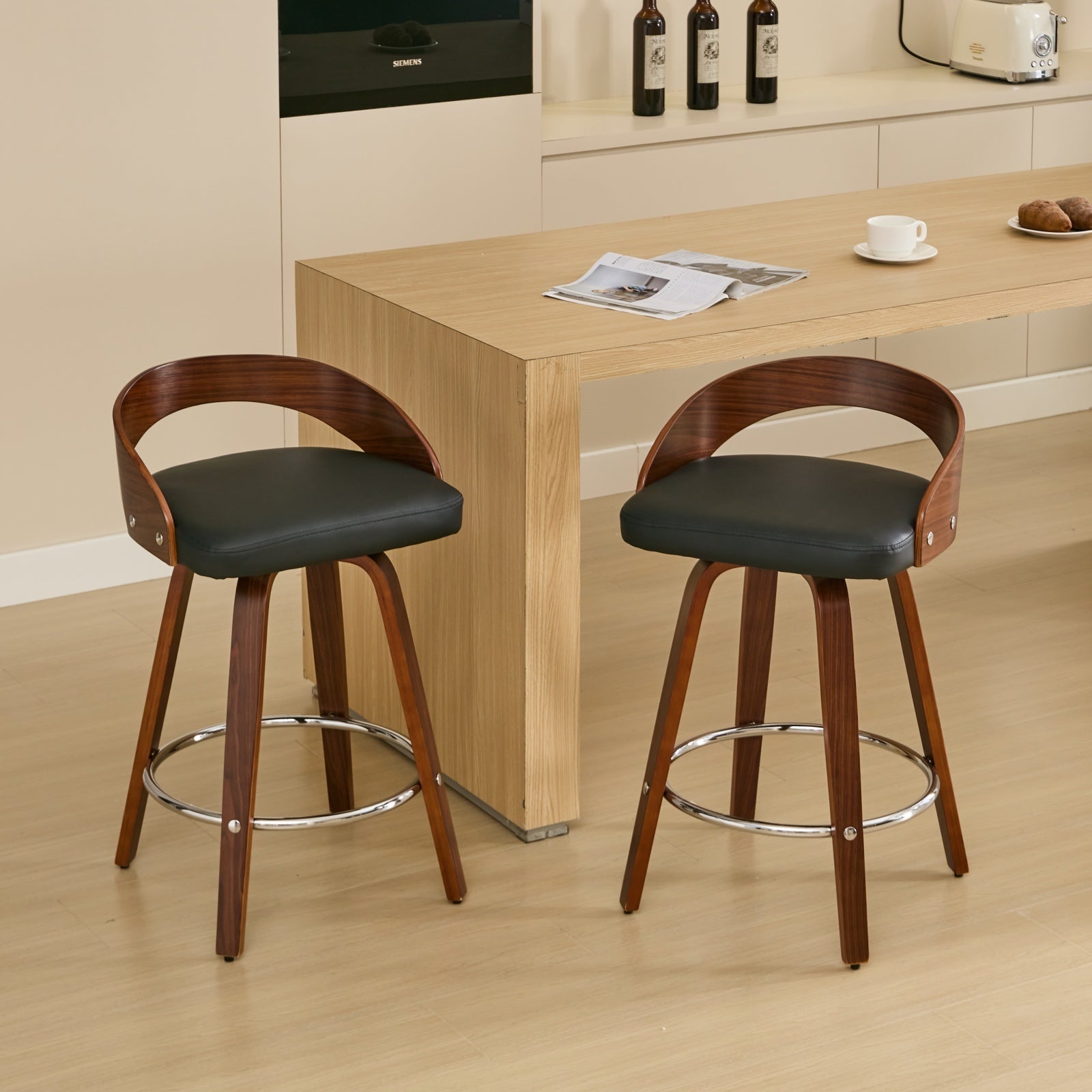 Bar Stools Set Of 2, Swivel Bar Height Stools With Low Back, Wood Bar Chairs With Soft Cushion Seat, 25 Inch Seat Height Black, 25" Counter Height Black Pu American Design,Mid Century Modern Set Of 2 Foam Pu Leather