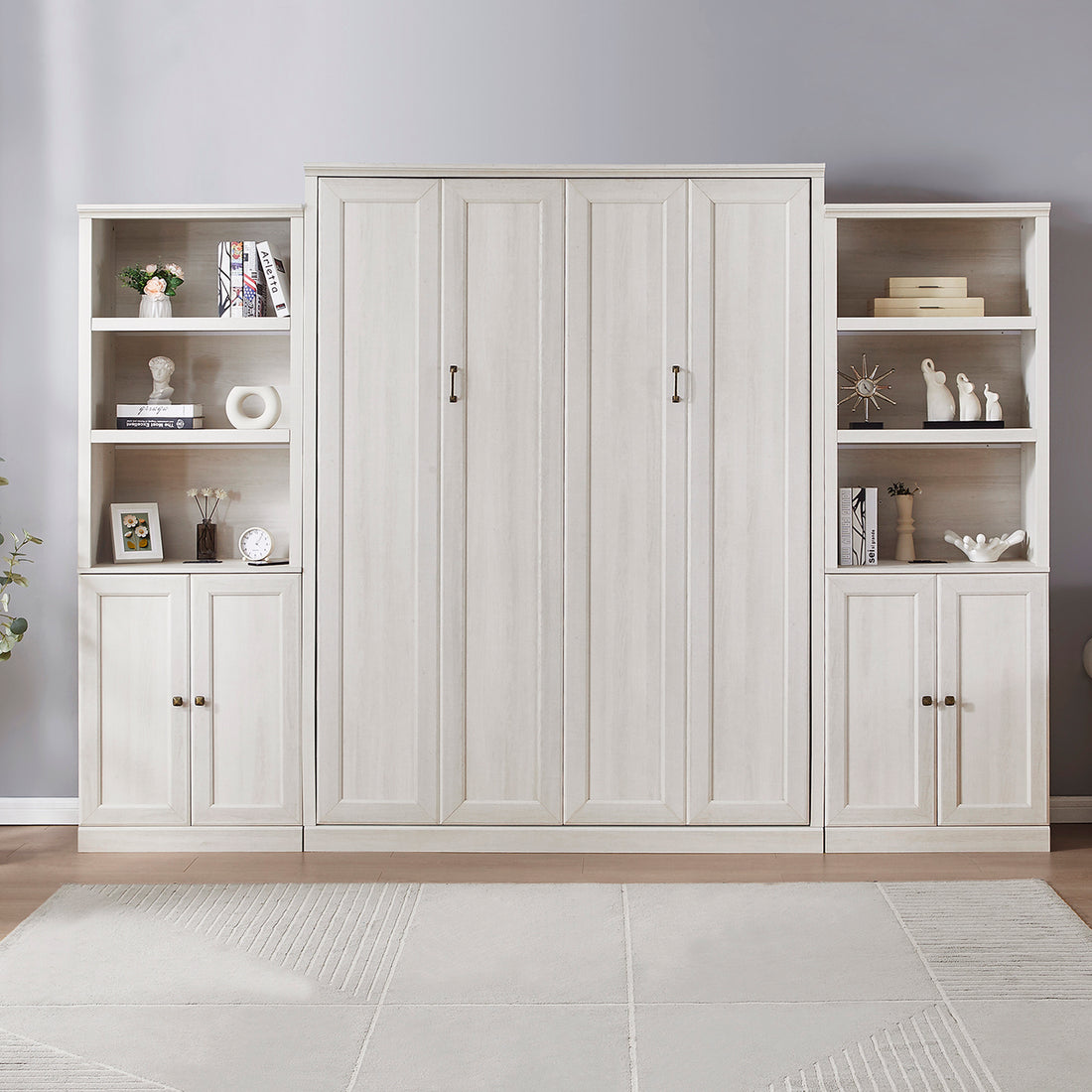 Queen Size Half Self Close And Open Murphy Bed With 2 Side Cabinet Storage Shelf, Cabinet Space Saving Bed Perfect For Guest Room, Bed Room, Guest Room, Home Office, Rustic White Box Spring Not Required Queen Rustic White Wood White Pine Murphy Solid