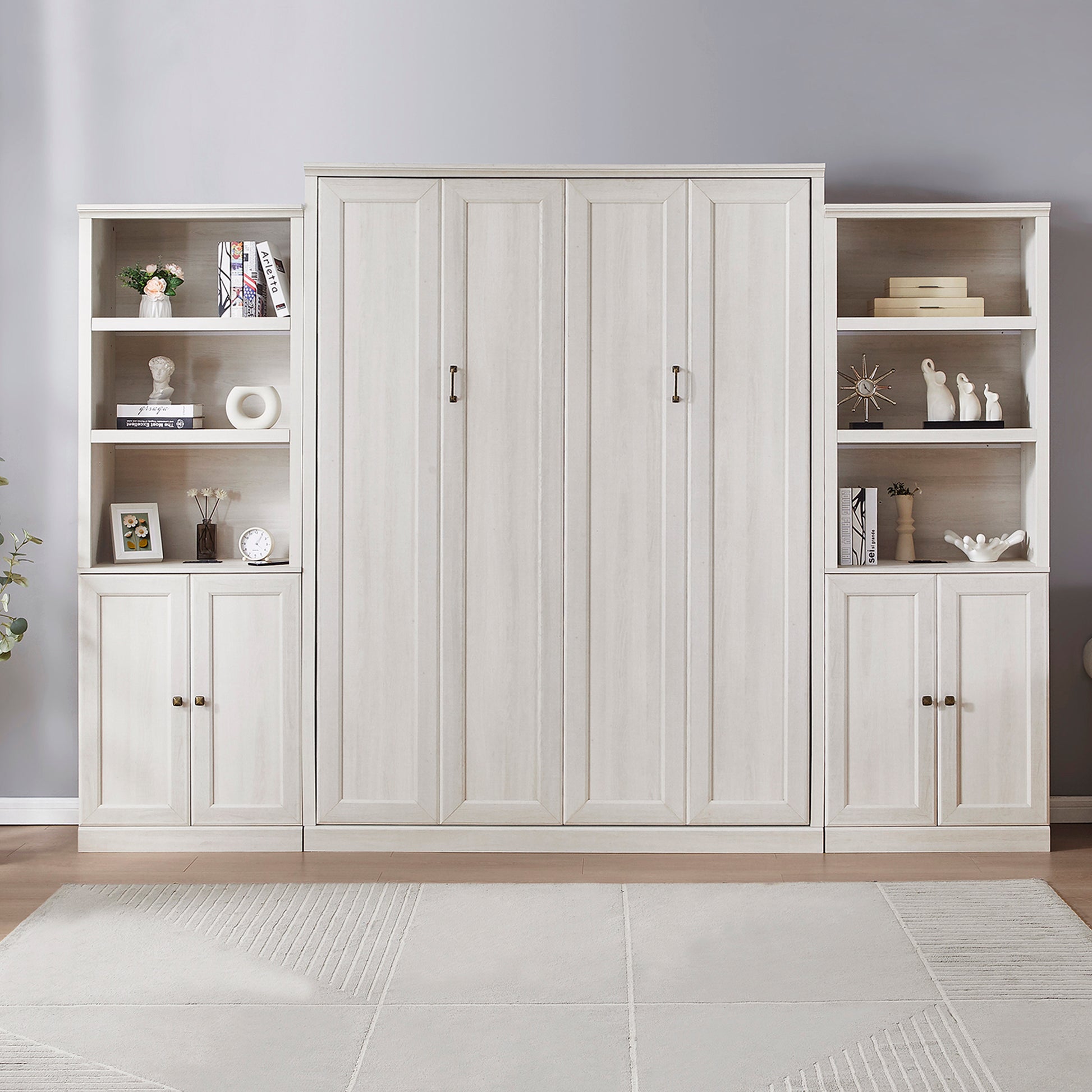 Queen Size Half Self Close And Open Murphy Bed With 2 Side Cabinet Storage Shelf, Cabinet Space Saving Bed Perfect For Guest Room, Bed Room, Guest Room, Home Office, Rustic White Box Spring Not Required Queen Rustic White Wood White Pine Murphy Solid