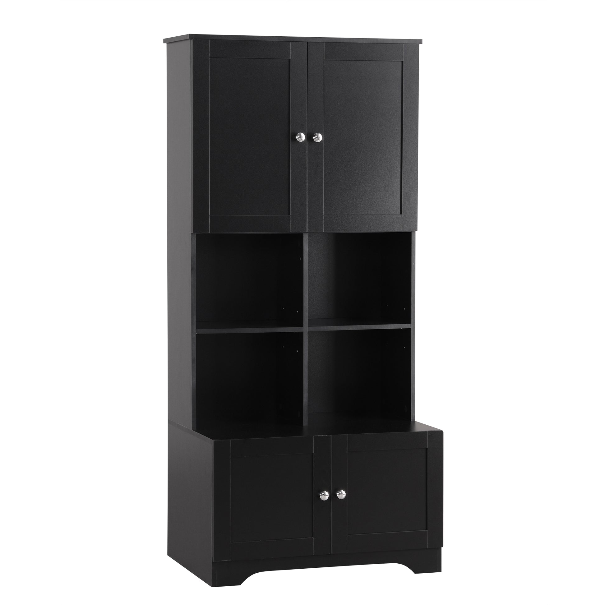 Tall And Wide Bathroom Floor Storage Cabinet, Bathroom Storage Unit, Freestanding Cabinet With 4 Doors, Adjustable Shelves, Open Multi Layer Shelves, Black Black Mdf