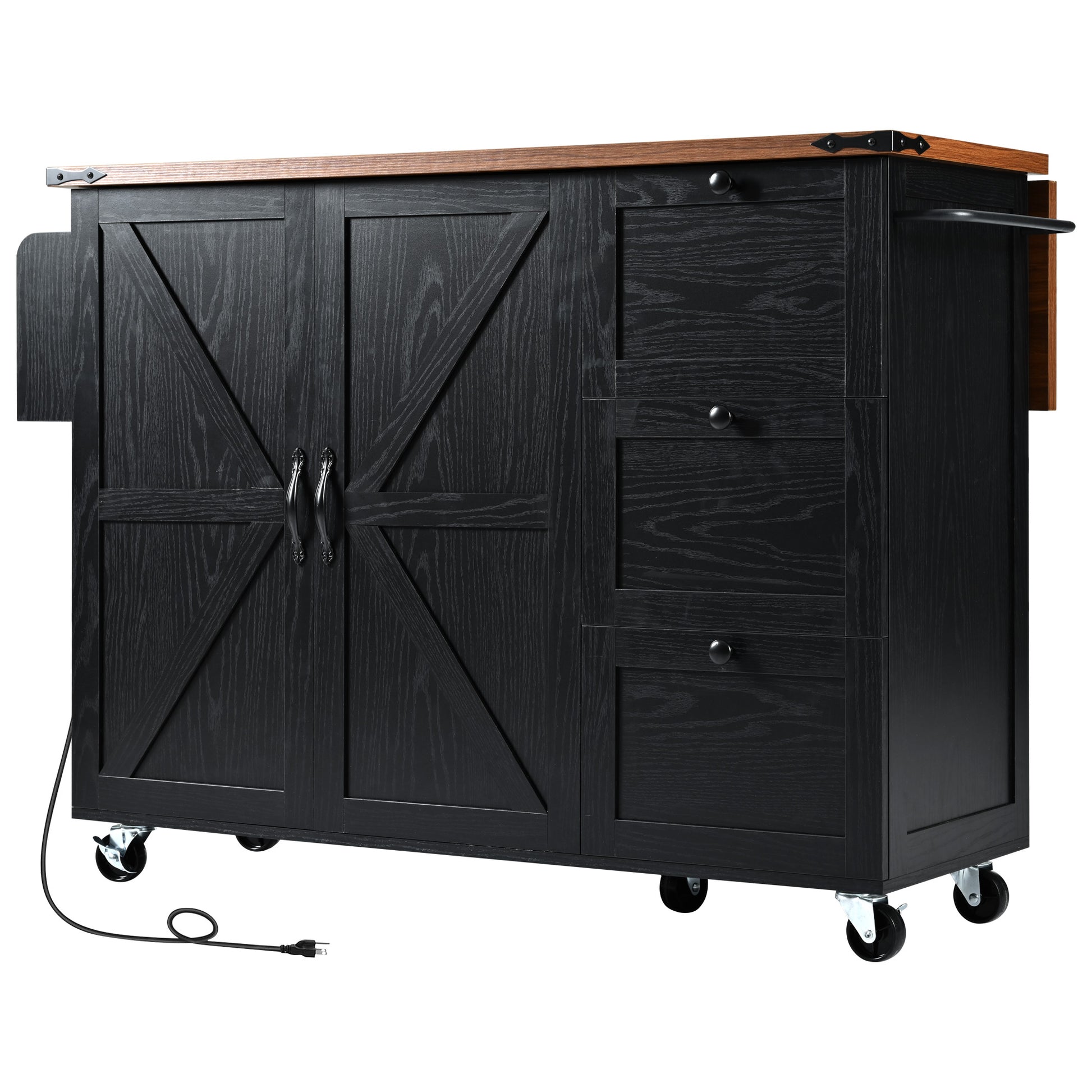 K&K 54.5" Farmhouse Kitchen Island With Power Outlet, Kitchen Storage Island With Internal Storage Rack, Drop Leaf, Spice Rack, Rolling Kitchen Cart On Wheels, For Home, Kitchen And Dining