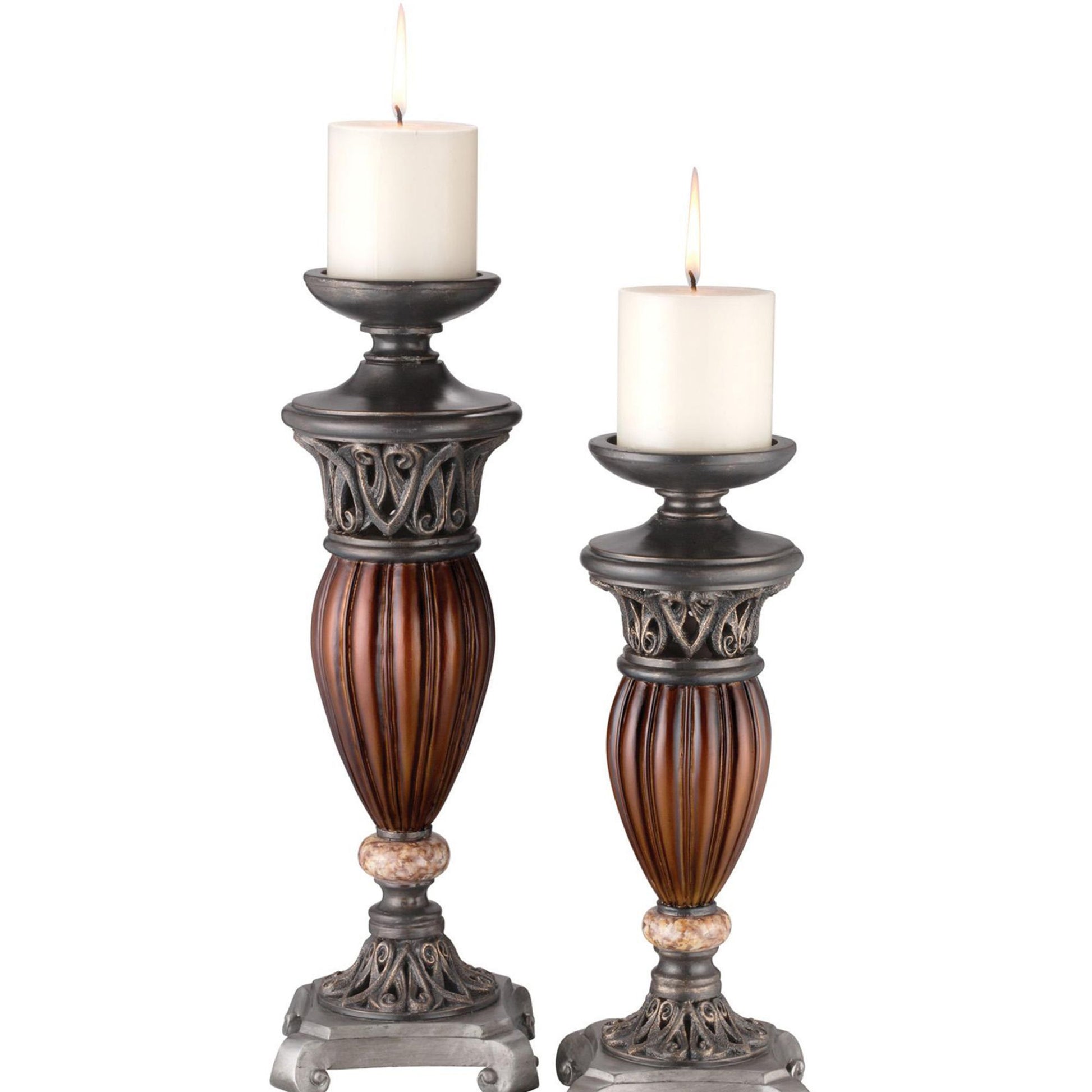 13" And 16" Tall Polyresin Candleholder, Bronze Roman Design Set Of 2 Bronze Polyresin