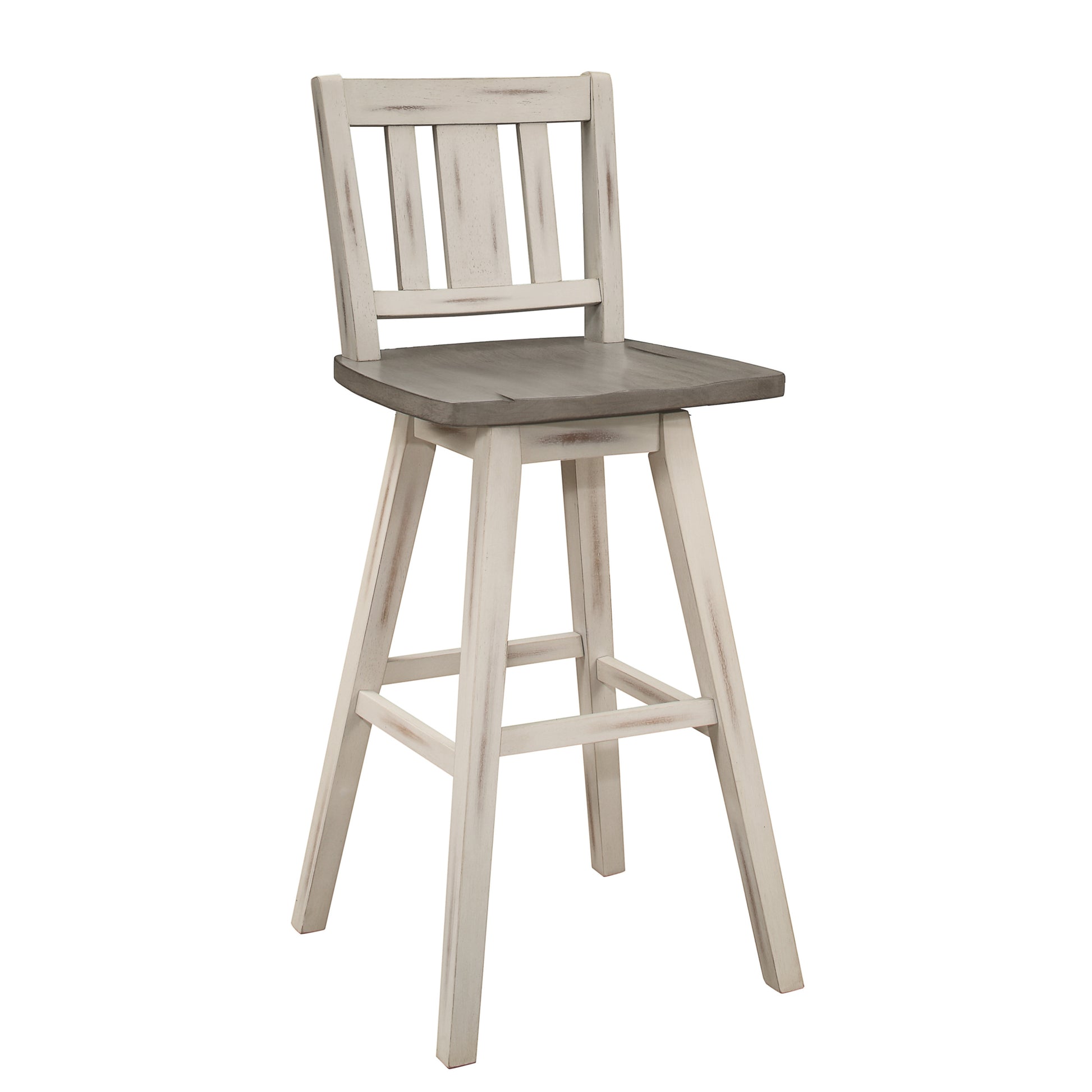 Pub Height Chairs Set Of 2, Distressed Gray And White 360 Degree Swivel Chair Solid Rubberwood Furniture, Vertical Slat Back Bar Chairs White Gray Dining Room Rustic Slat Back Solid Wood