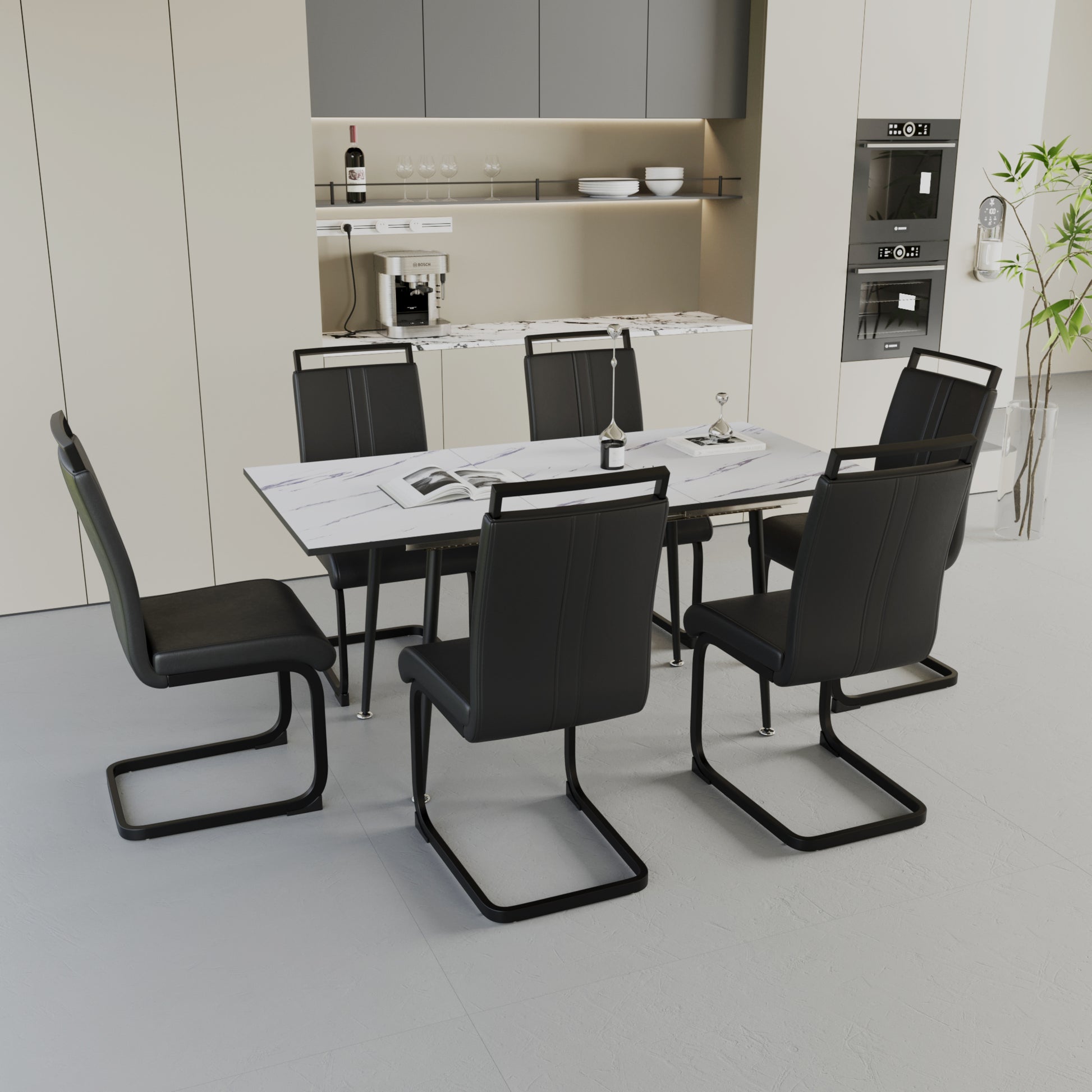 An Expandable Dining Table Set For 2 6 People, Equipped With A C Shaped Tubular Cushioned Armless Dining Chair And An Elegant And Spacious Dining Table Kitchen Table And Chair Set, With Metal Legs Black White Mdf