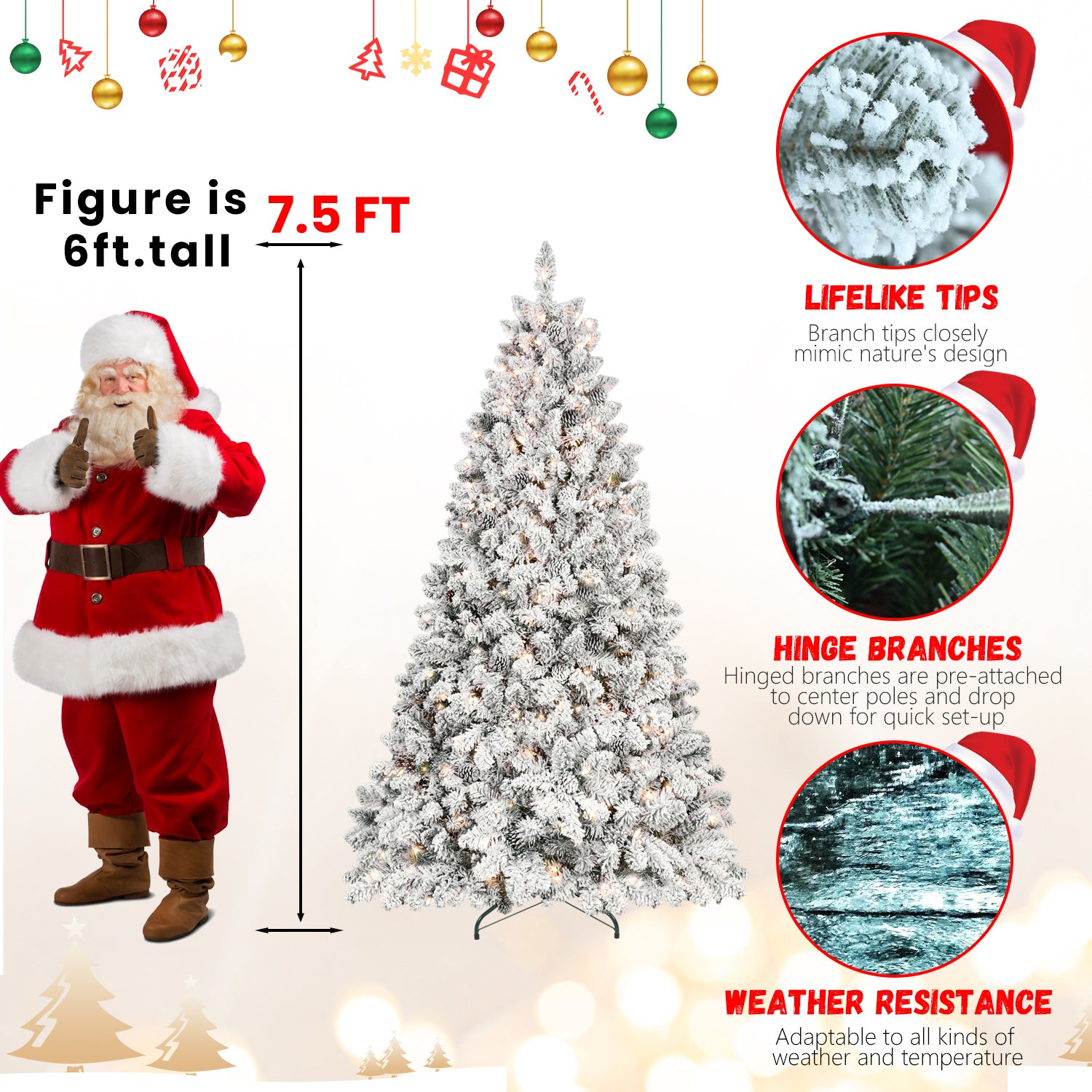 7.5Ft Snow Flocked Artificial Christmas Tree With Pine Cones, Prelit Xmas Trees, Hinged Easy Assembly & Reinforced Metal Base Ideal For Indoor & Outdoor Festive Decorations White Polyethylene