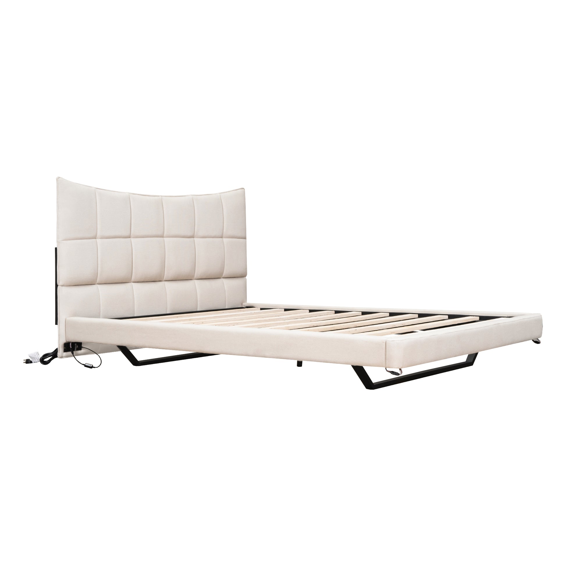 Full Size Upholstered Platform Bed With Led Lights,Usb Ports And Outlets,Linen Fabric,Beige Full Beige Wood Metal