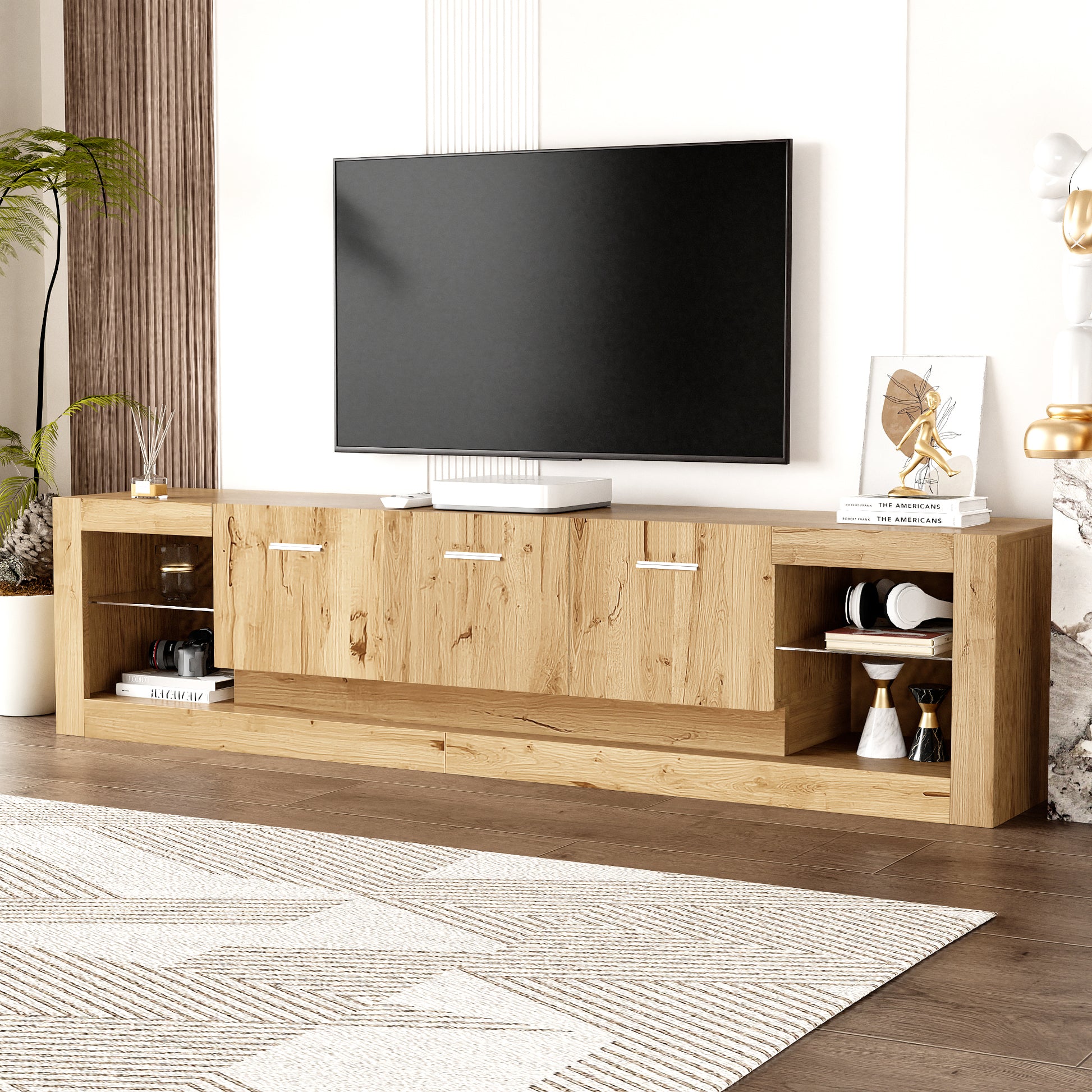 78'' Modern Tv Stand With 6 Cabinets& 2 Open Compartments, Entertainment Center For Tvs Up To 90'', Television Console For Living Room, Bedroom, Home Theatre Natural Wood Brown Primary Living Space 80 89 Inches 80 89 Inches 80 Inches Particle Board