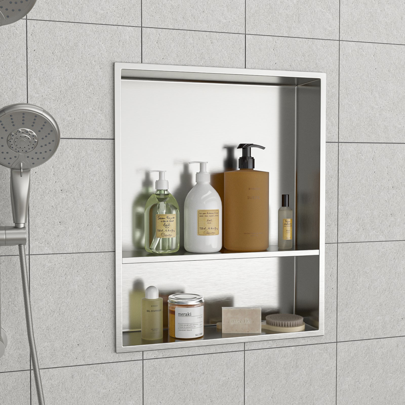 21" X 17" Stainless Steel Shower Niche Double Shelf, Brushed Nickel Brushed Nickel Stainless Steel