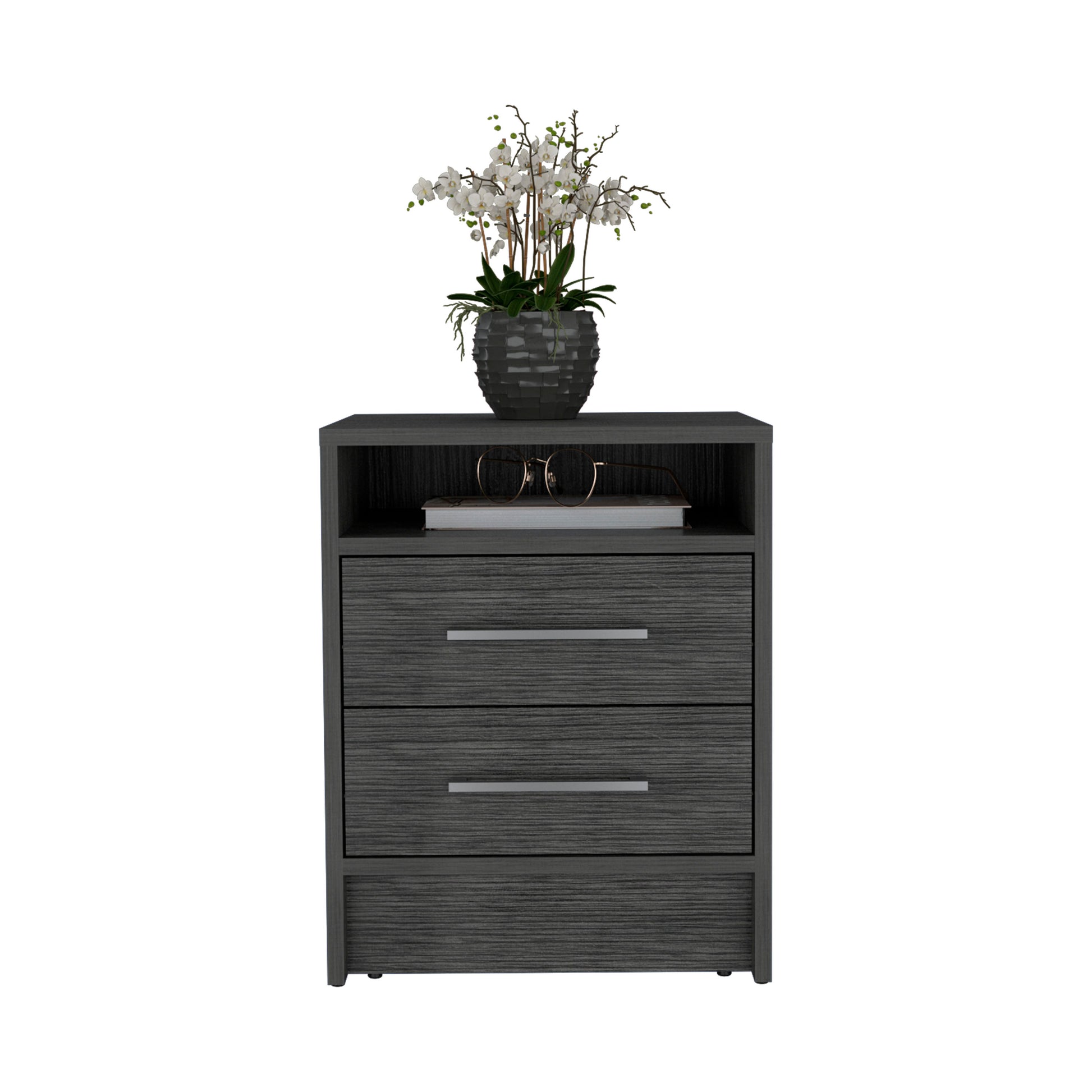 Nightstand 20"H, Two Drawers, Superior Top, Metal Handles, Smokey Oak Gray Particle Board Particle Board