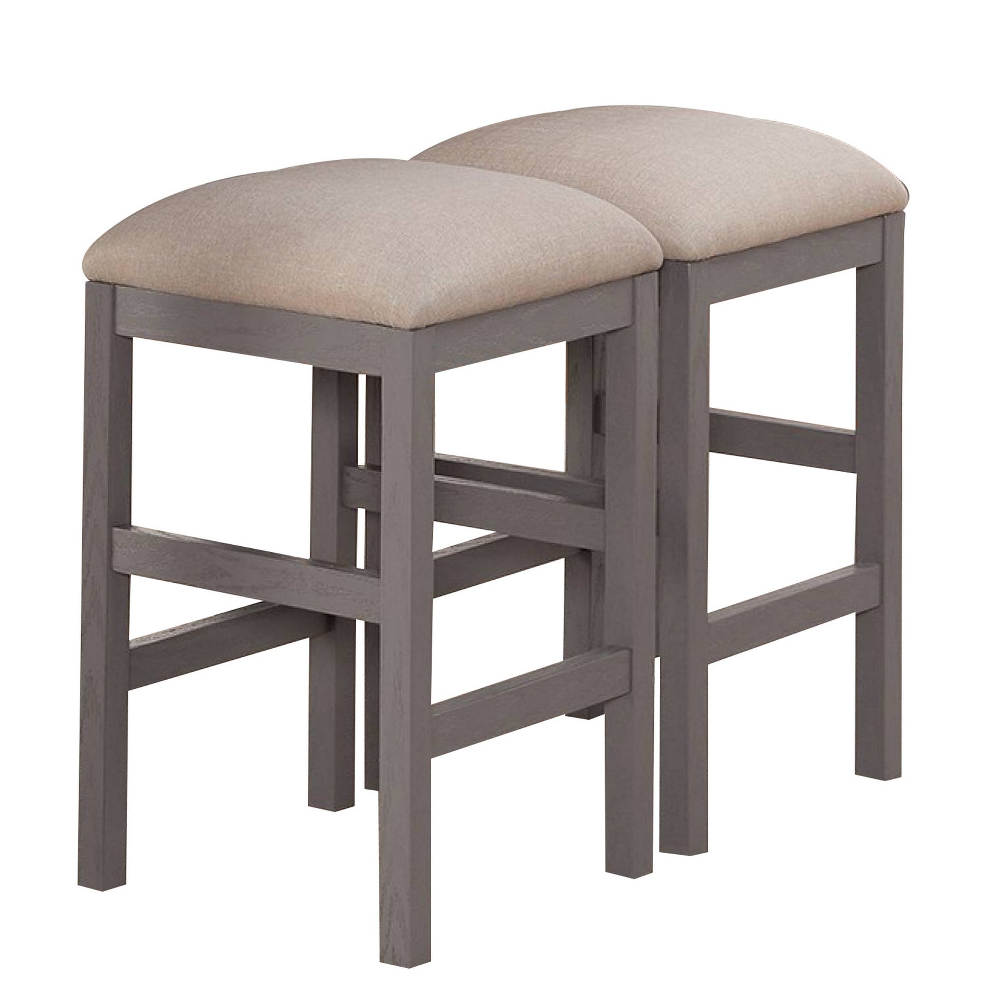 24 Inch Wood Counter Stool, Set Of 2, Cushioned, Farmhouse Design, Gray Beige Grey Wood Fabric