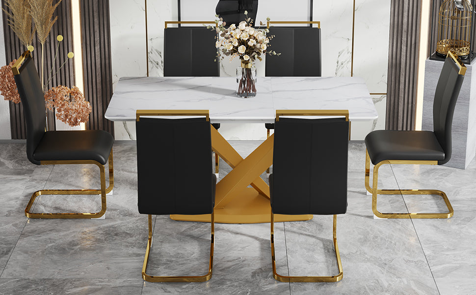 Table And Chair Set, The Table Is Equipped With A Marble Patterned Mdf Tabletop And Gold Table Legs.The Chair Is Equipped With Pu Synthetic Leather High Back Cushion And Gold Coated Metal Legs. Gold Black Seats 6 Mdf Metal