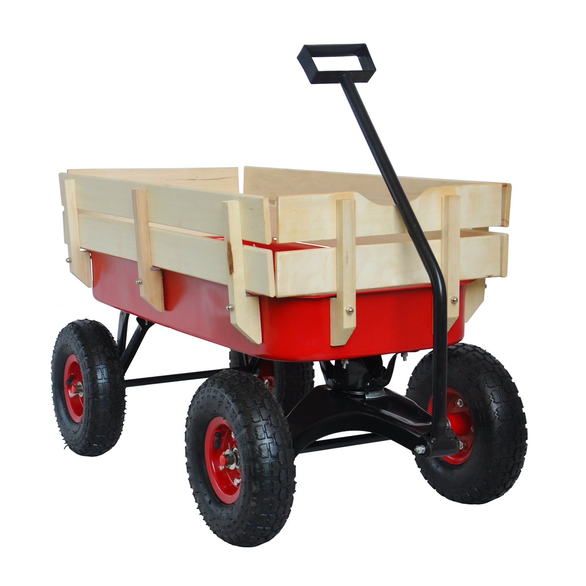 Outdoor Sport Wagon Tools Cart Wooden Side Panels Air Tires Wagon Red Red Garden & Outdoor Metal