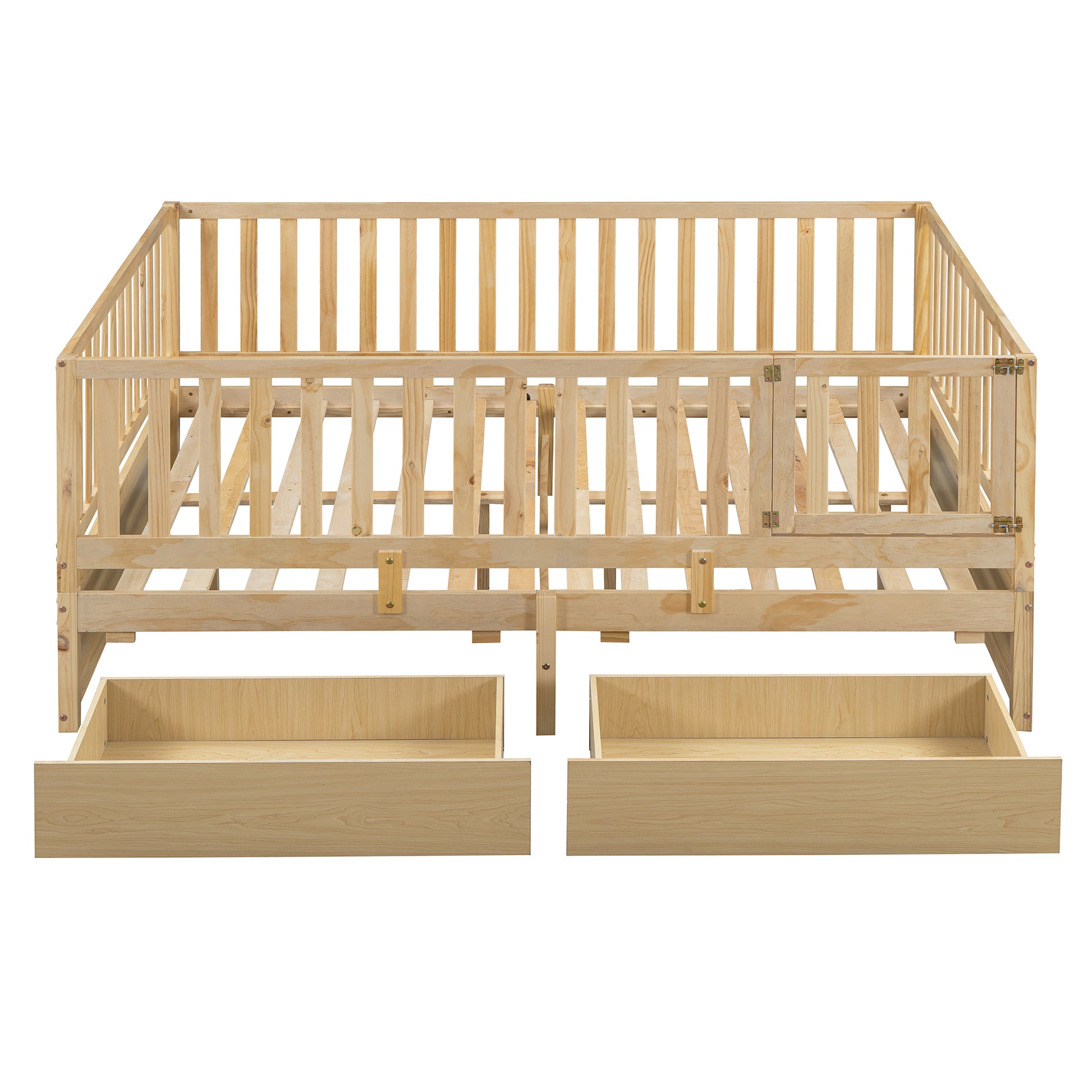 Full Size Wood Daybed With Fence Guardrails And 2 Drawers, Split Into Independent Floor Bed & Daybed, Natural Old Sku :Lp000882Aan Full Natural Solid Wood Mdf