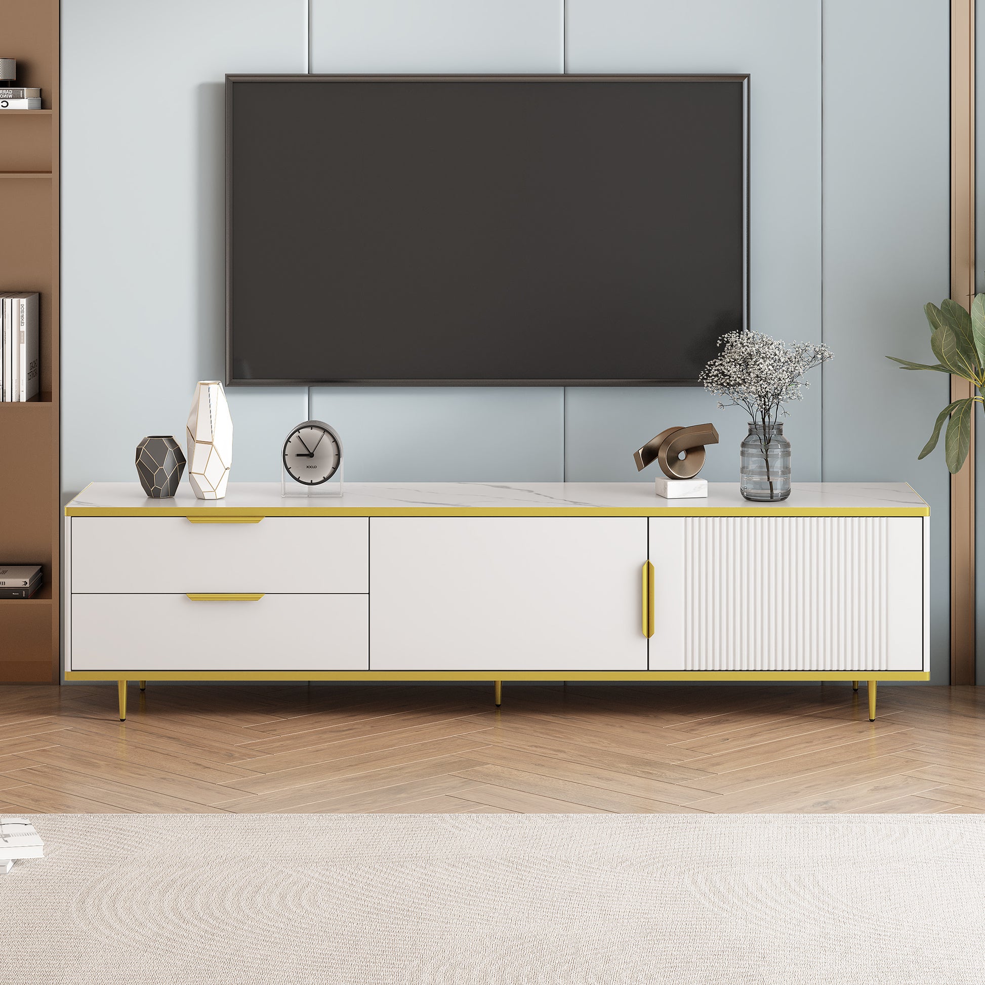 Modern Tv Stand For 65 Inch Tv, Entertainment Center Tv Media Console Table,With 2 Drawers And 2 Cabinets, Tv Console Cabinet Furniture For Living Room White 70 79 Inches Particle Board