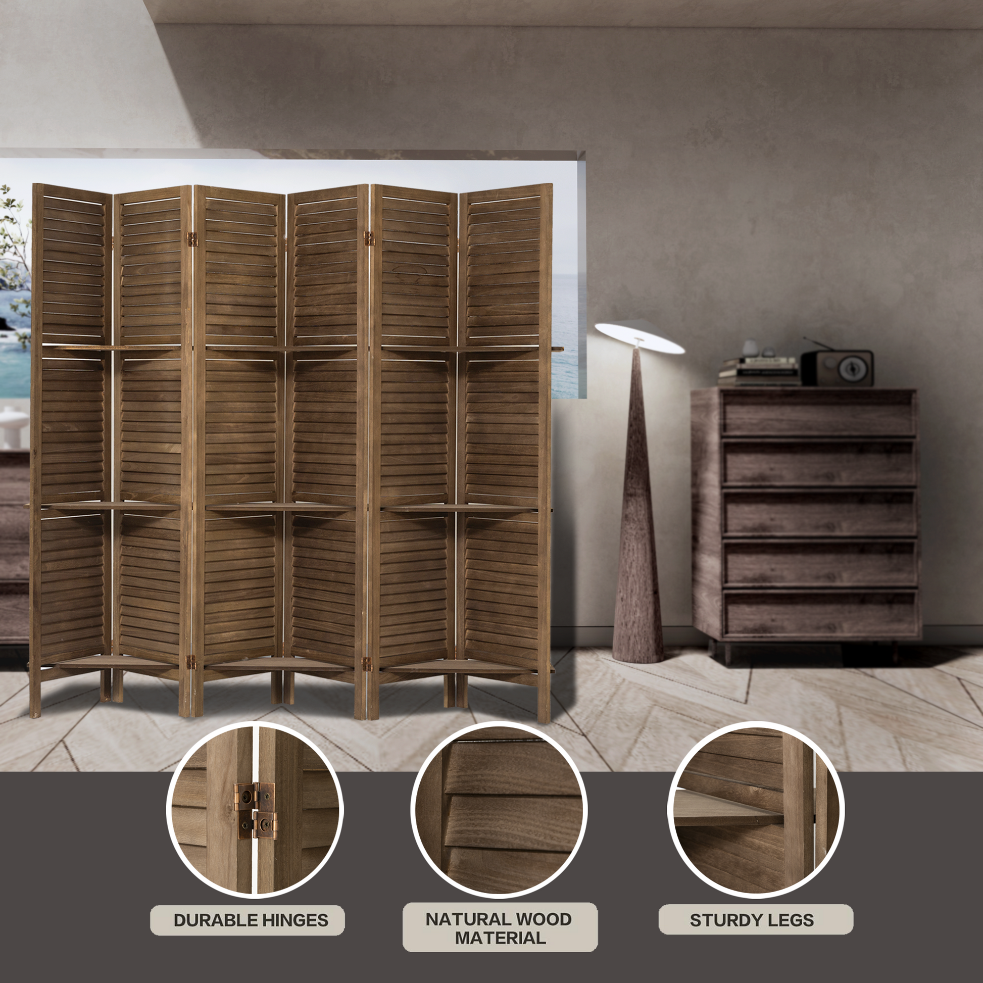 Room Divider 6 Panel, Wood Folding Room Divider Screen, Room Divider With Shelves And Easy Move Partition, Freestanding Room Screen Divider With Display Shelves Dark Brown Dark Brown Classic Wood