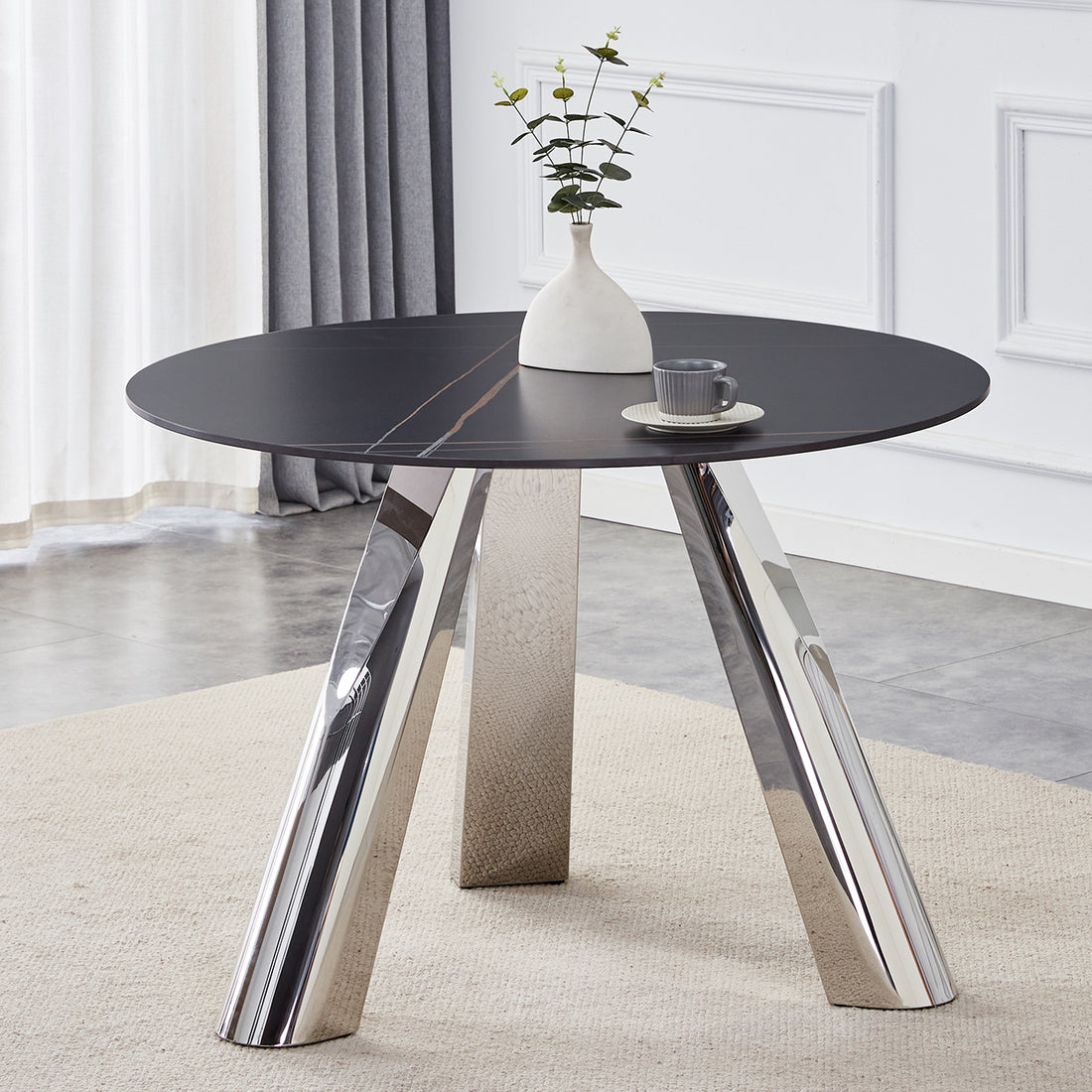 A 42 Inch Burn Stone Round Table With Stainless Steel Legs Can Accommodate 4 Or 6 Diners Black Natural Sintered Stone,Stainless Steel