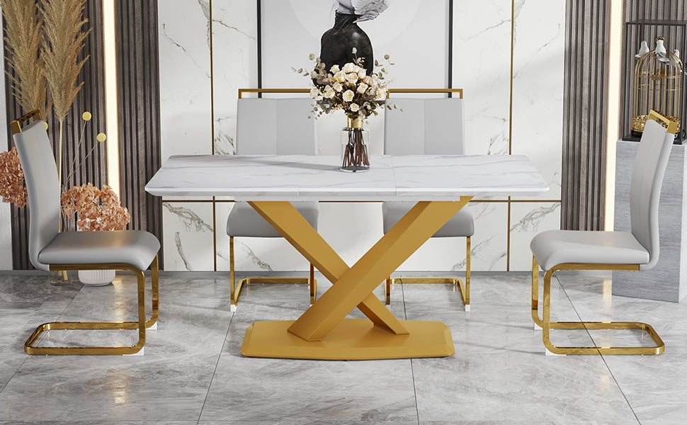 Table And Chair Set, The Table Is Equipped With A Marble Patterned Mdf Tabletop And Gold Table Legs.The Chair Is Equipped With Pu Synthetic Leather High Back Cushion And Gold Coated Metal Legs. Grey Gold Seats 4 Mdf Metal