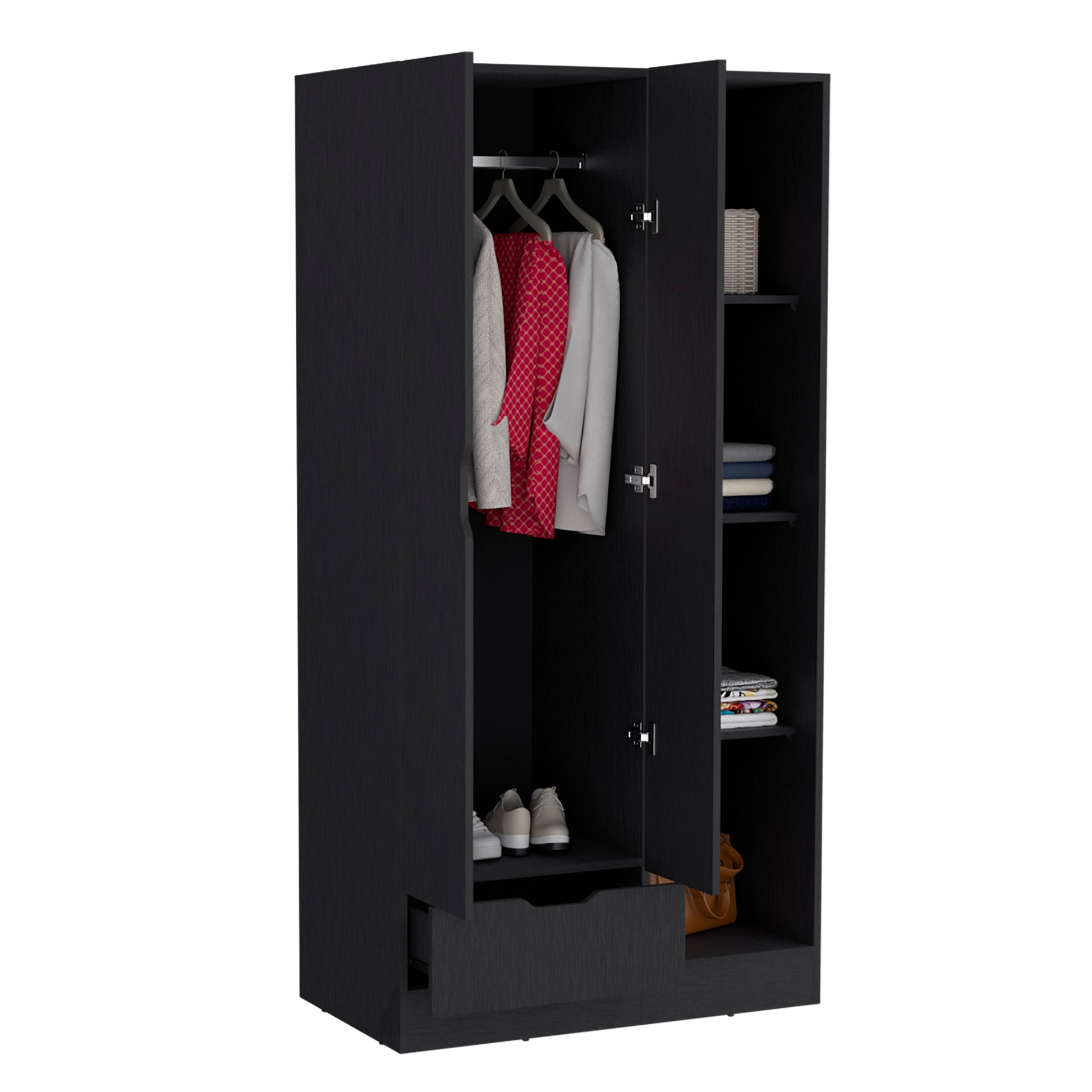 Memphis Wardrobe Armoire With 4 Tier Storage Shelves And 1 Drawer Black Black Particle Board