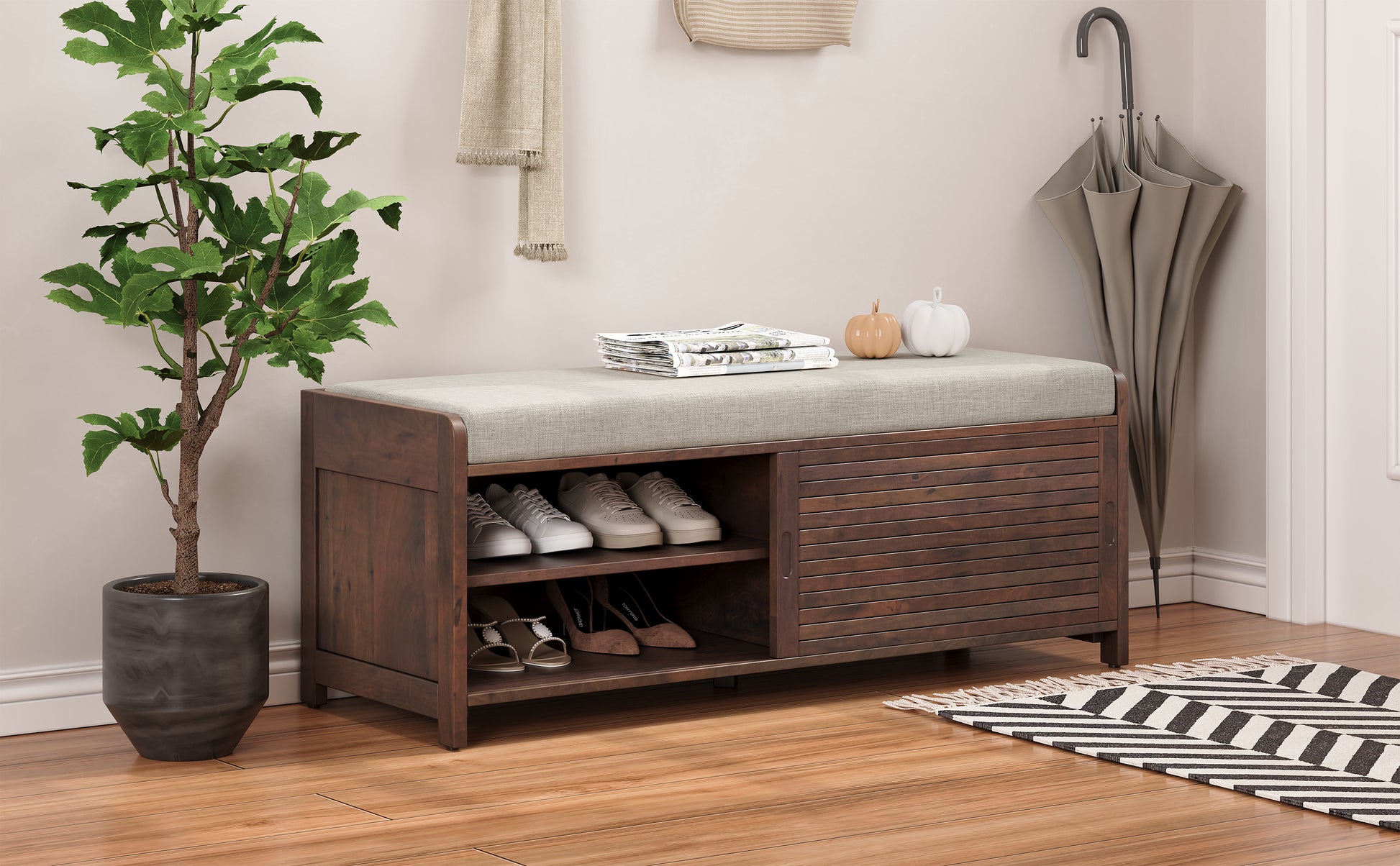 Distressed Shutter Storage Bench With Acacia Veneer For Retro Charm For Living Room, Entryway Espresso Espresso Mdf