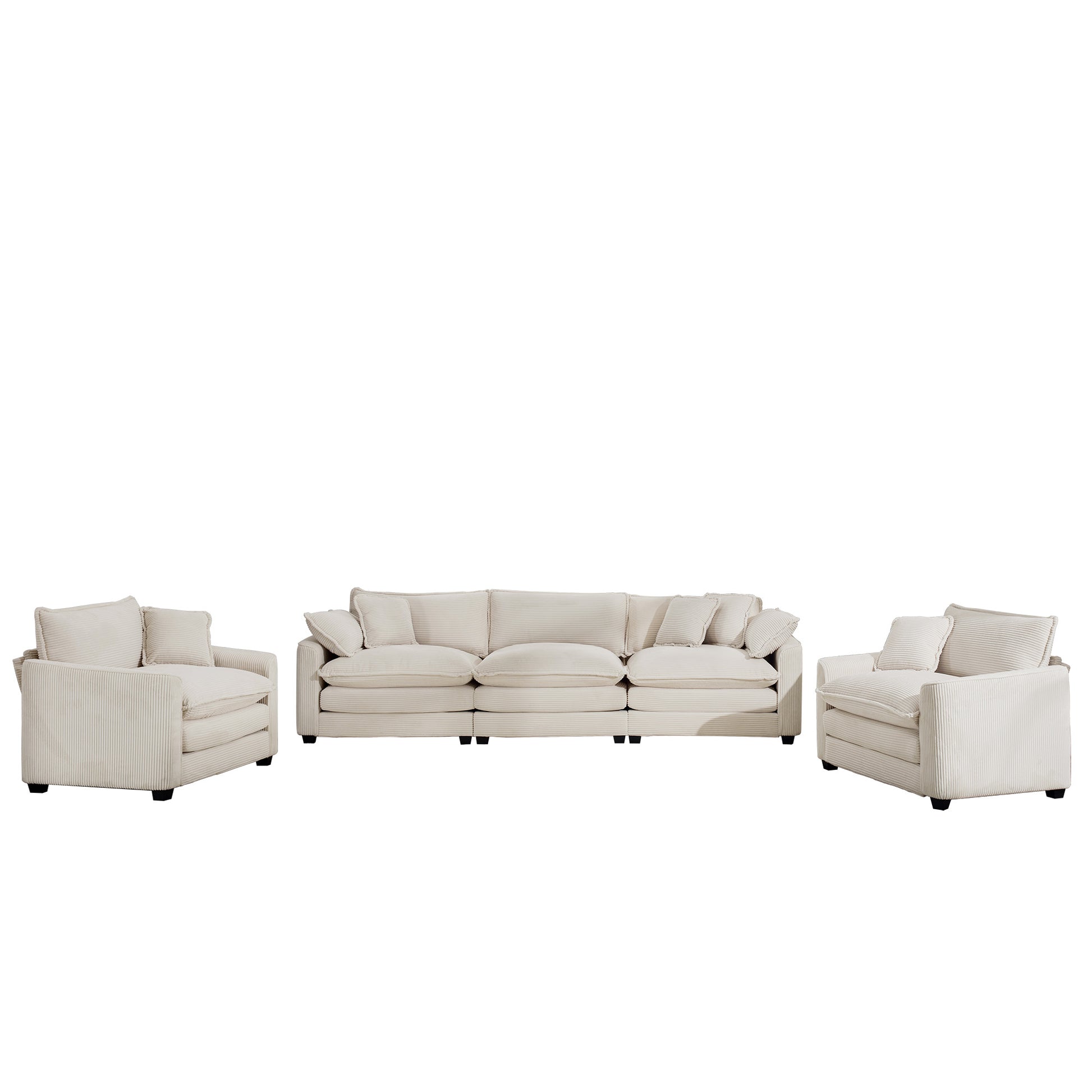 Luxurious And Sophisticated Sofa Set With Soft Cushions And Pillows, 3 Pieces Sofa Set Consisting Of Two Single Sofas And A 3 Seater Sofa In Light Beige Corduroy Fabric Beige Corduroy 5 Seat