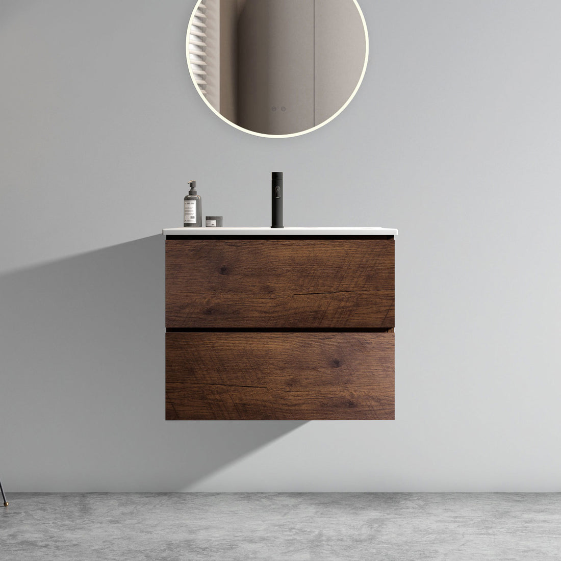 Wall Mount 24" Walnut Bathroom Vanity With Ceramic Sink With One Faucet Hole, Large Storage Floating Bathroom Vanity For Modern Bathroom, One Piece Sink Basin Without Drain And Faucet, Pre Assembled Walnut Bathroom Modern Ceramic Mdf