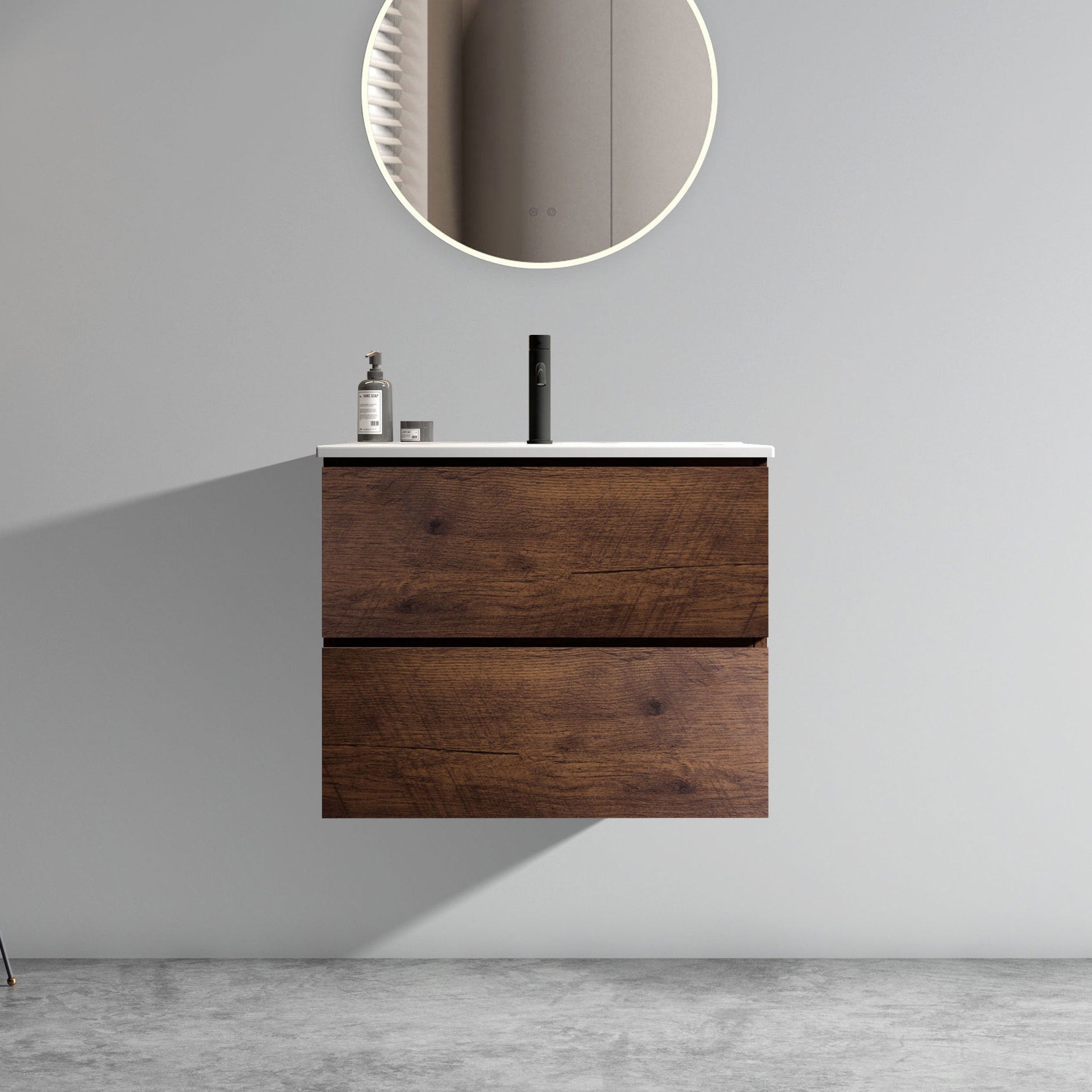 Wall Mount 24" Walnut Bathroom Vanity With Ceramic Sink With One Faucet Hole, Large Storage Floating Bathroom Vanity For Modern Bathroom, One Piece Sink Basin Without Drain And Faucet, Pre Assembled Walnut Bathroom Modern Ceramic Mdf