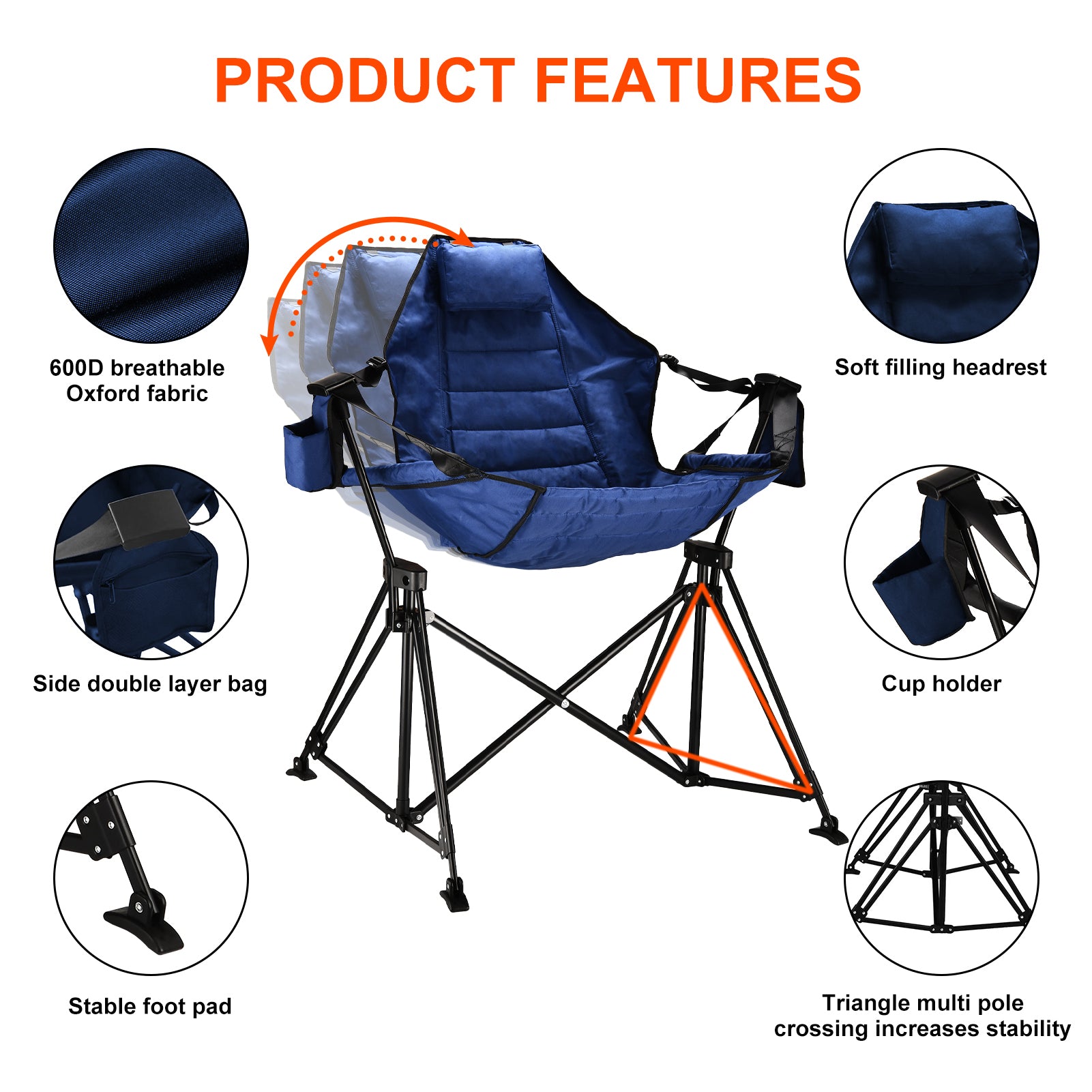 Hammock Camping Chair Folding 350 Lbs Foldable Portable Rocking Chairs For Adults Outside Swinging Camp With Stand Lawn Garden Hanging Outdoor Blue Iron