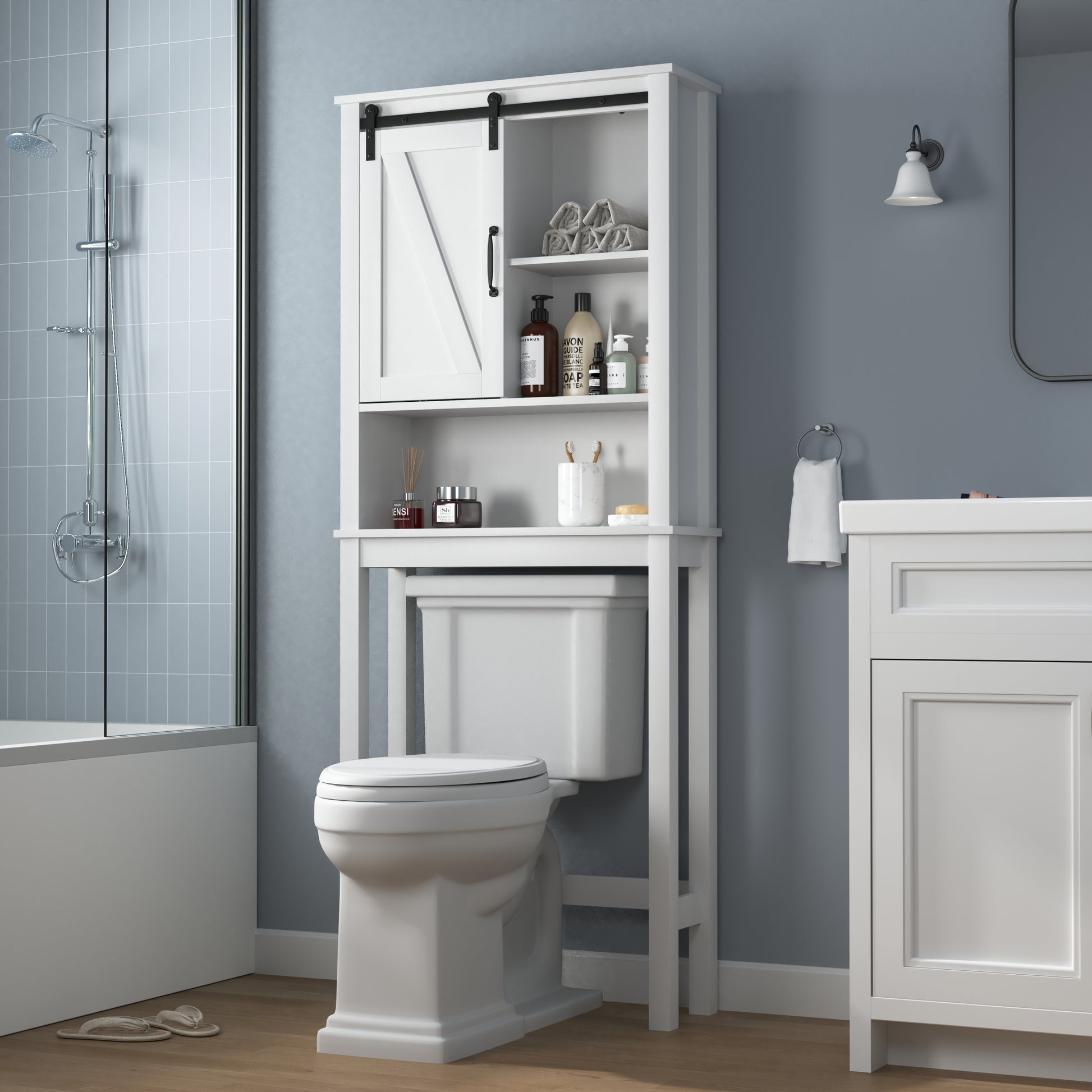 Over The Toilet Storage Cabinet, Space Saving Bathroom Cabinet, With Adjustable Shelves And A Barn Door 27.16 X 9.06 X 67 Inch White Mdf