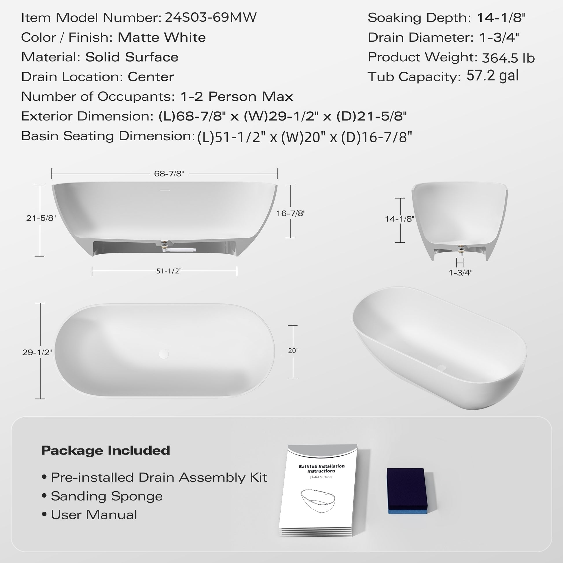 69" Freestanding Solid Surface Bathtub, Luxury Handcrafted Stone Resin Freestanding Soaking Bathtub With Overflow And Pop Up Drain, Matte White 24S03 69Mw White Freestanding Tubs Solid Surface