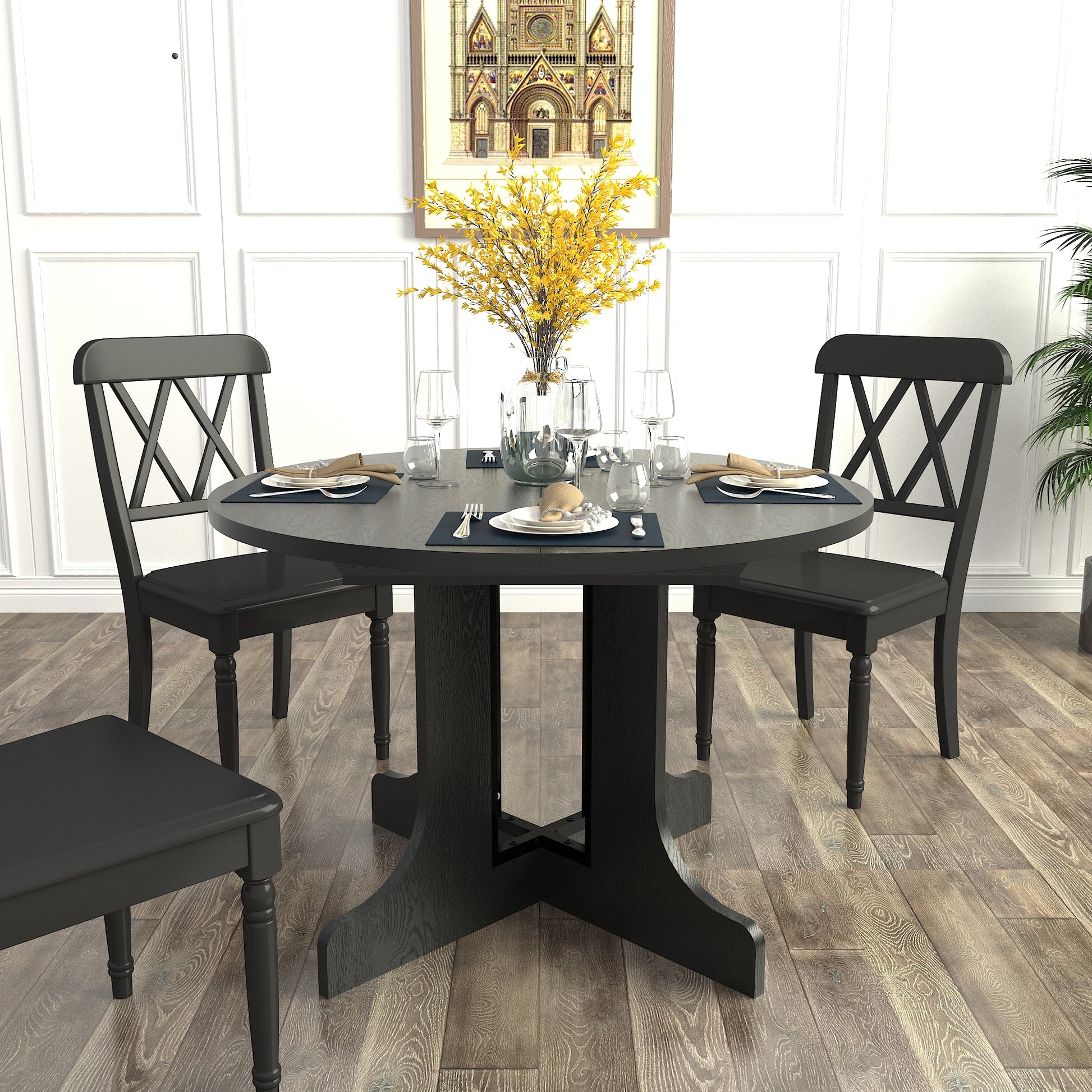 Dining Table For Farmhouse Kitchen 59X43 Inch Expandable Oval Table Top With Removable Leaf Trestle X Shaped Base Black Black Seats 6 Dining Room Floor Mount Round Kitchen & Dining Tables Laminated