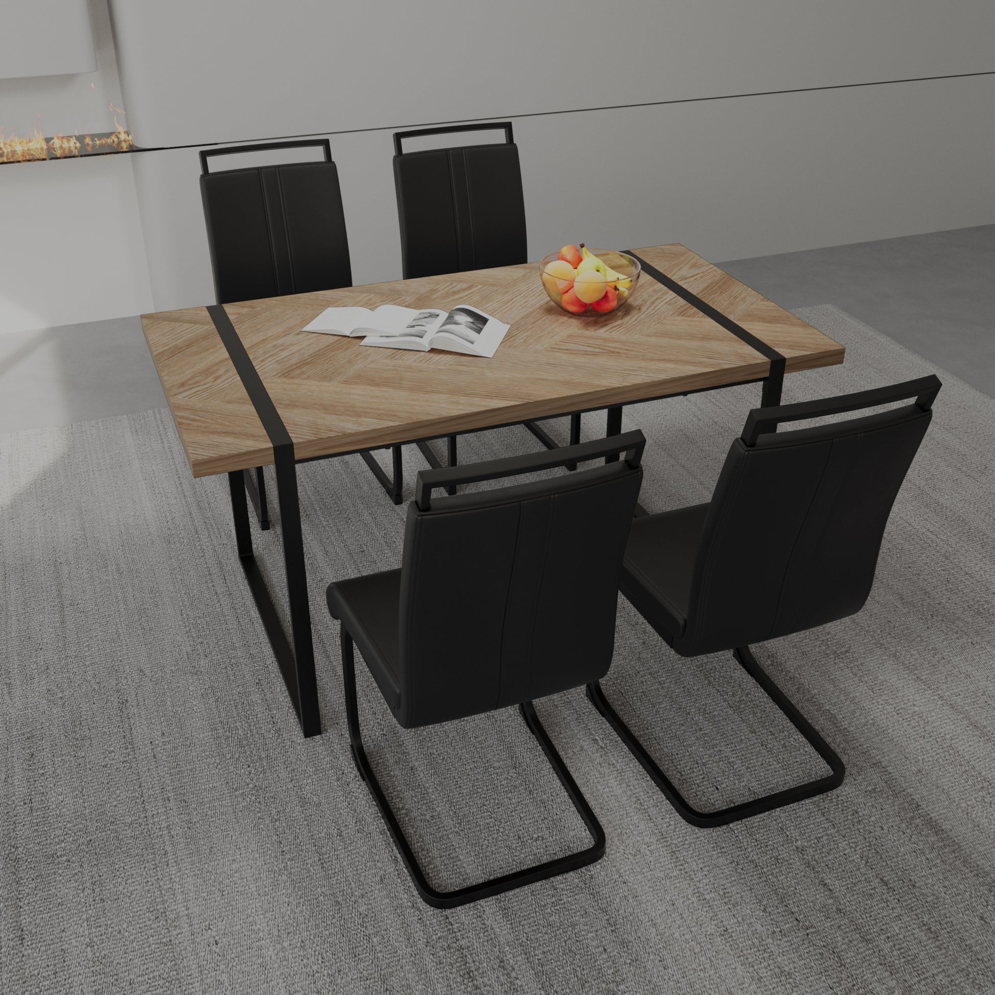 59 "Rural Industrial Rectangular Mdf Light Wood Dining Table Set And Pu Armless Dining Chair Set, 4 Piece. Kitchen Black Metal Table Leg Dining Chair Set Black Brown Mdf