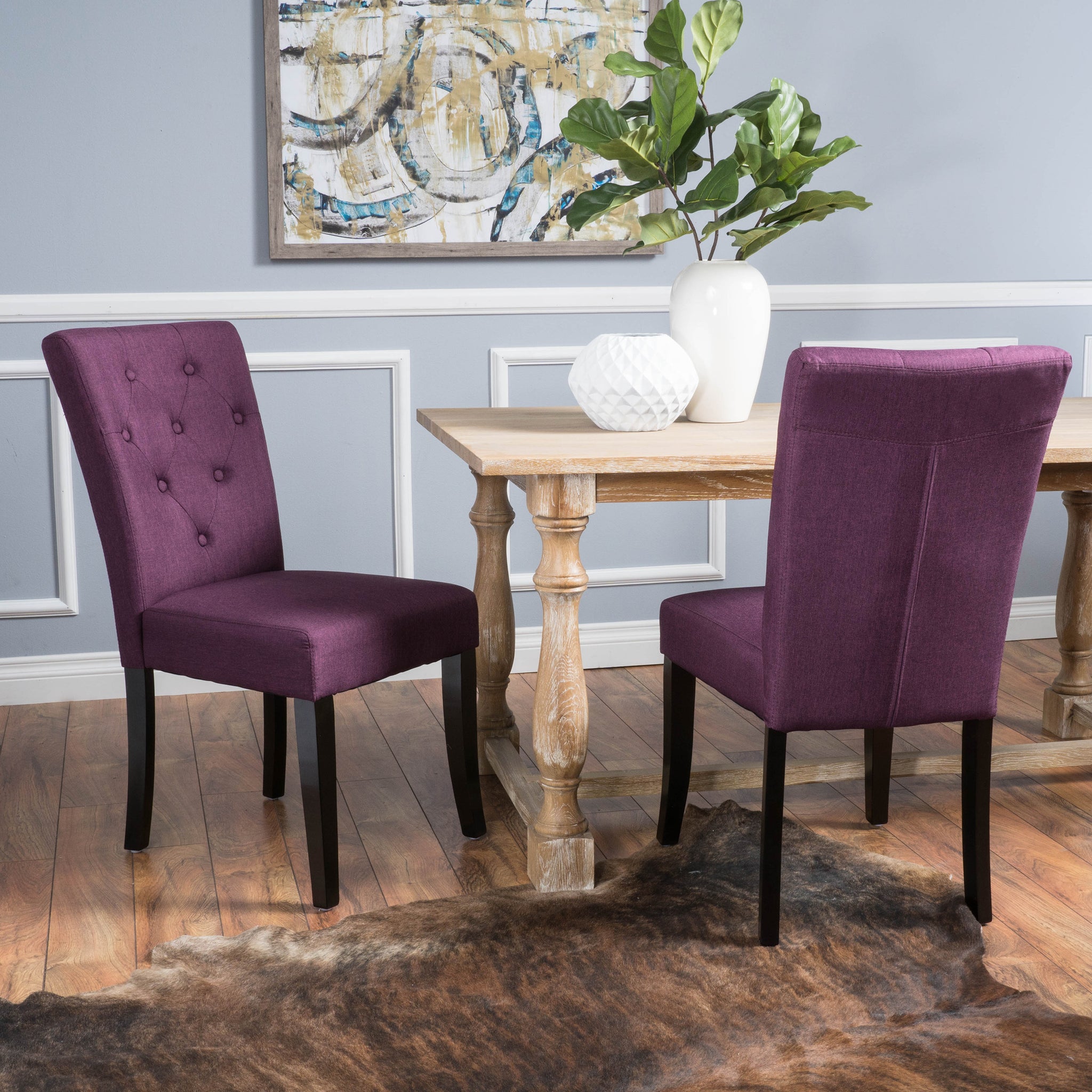 Dining Chair Set Of 2 Dark Purple Wood Waterproof Fabric