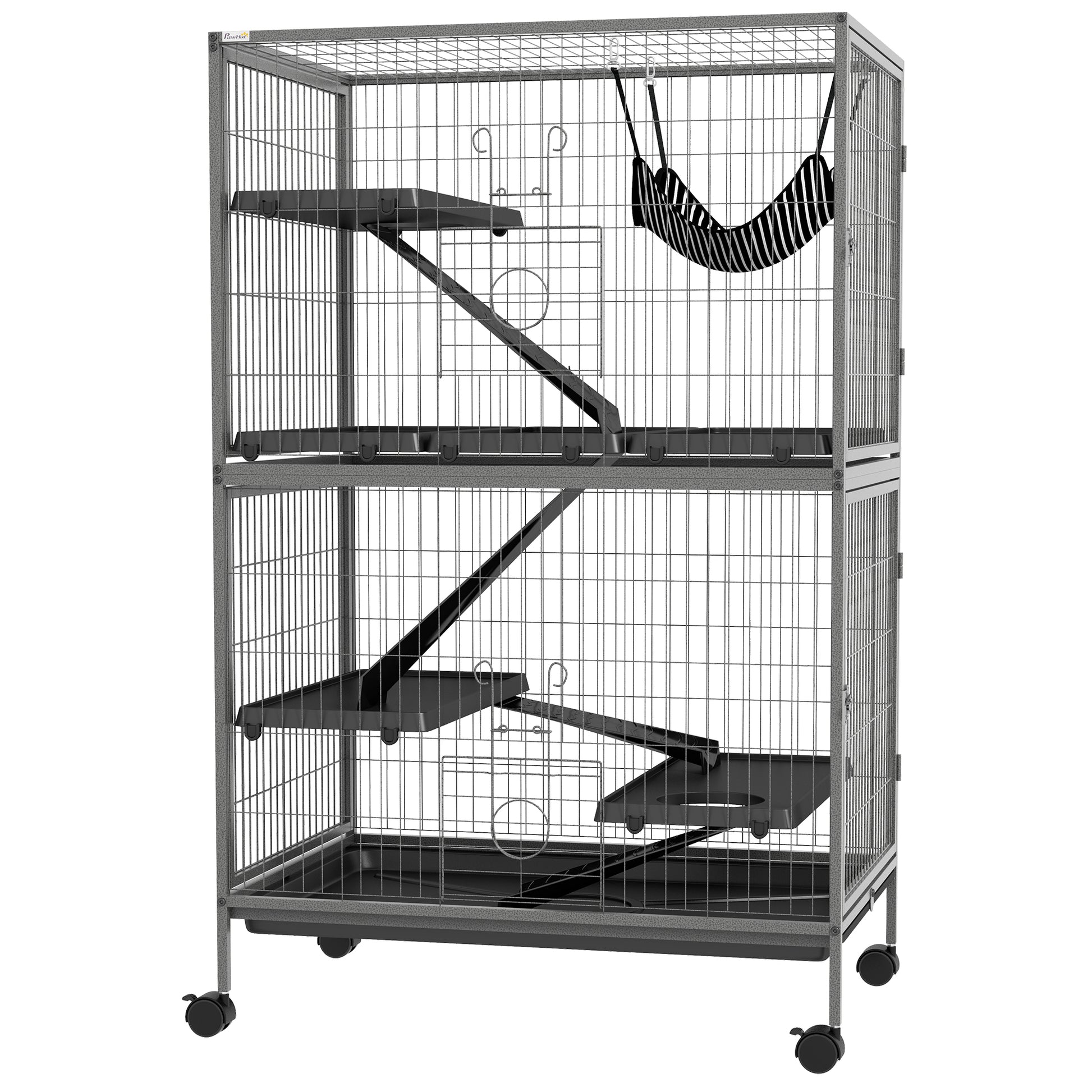 Pawhut 50" 5 Tier Small Animal Cage, Ferret Cage, Large Chinchilla Cage With Hammock Accessory & Heavy Duty Steel Wire, Small Animal Habitat With 4 Doors, Removable Tray, Gray Grey Steel